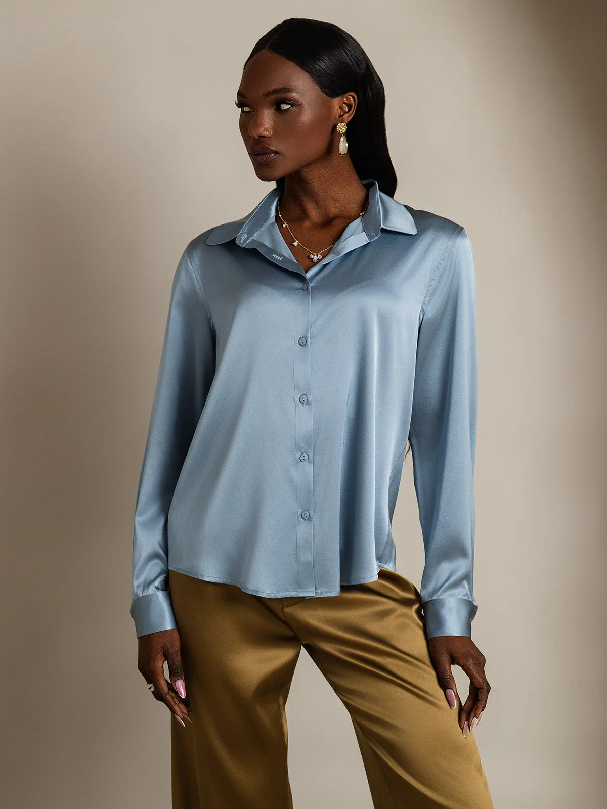 19Momme Silk Long Sleeve Lapel Collar Women's Shirt with Button Up Design - Image 77