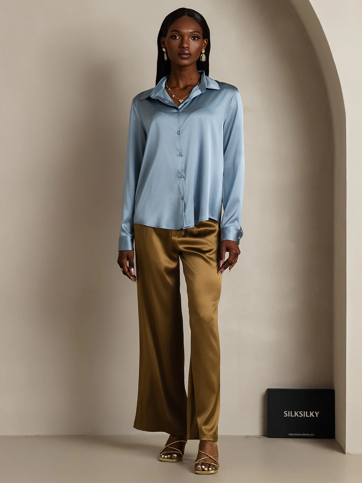 19Momme Silk Long Sleeve Lapel Collar Women's Shirt with Button Up Design - Image 82