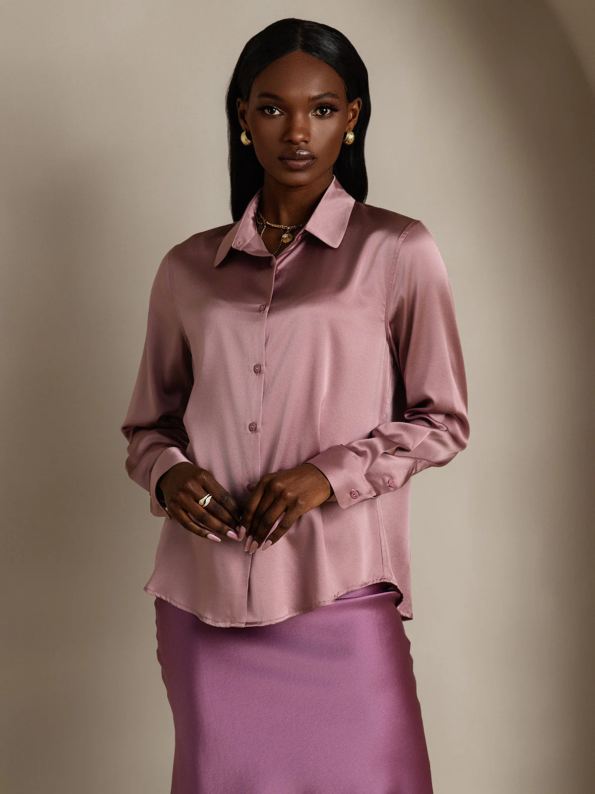 19Momme Silk Long Sleeve Lapel Collar Women's Shirt with Button Up Design - Image 90