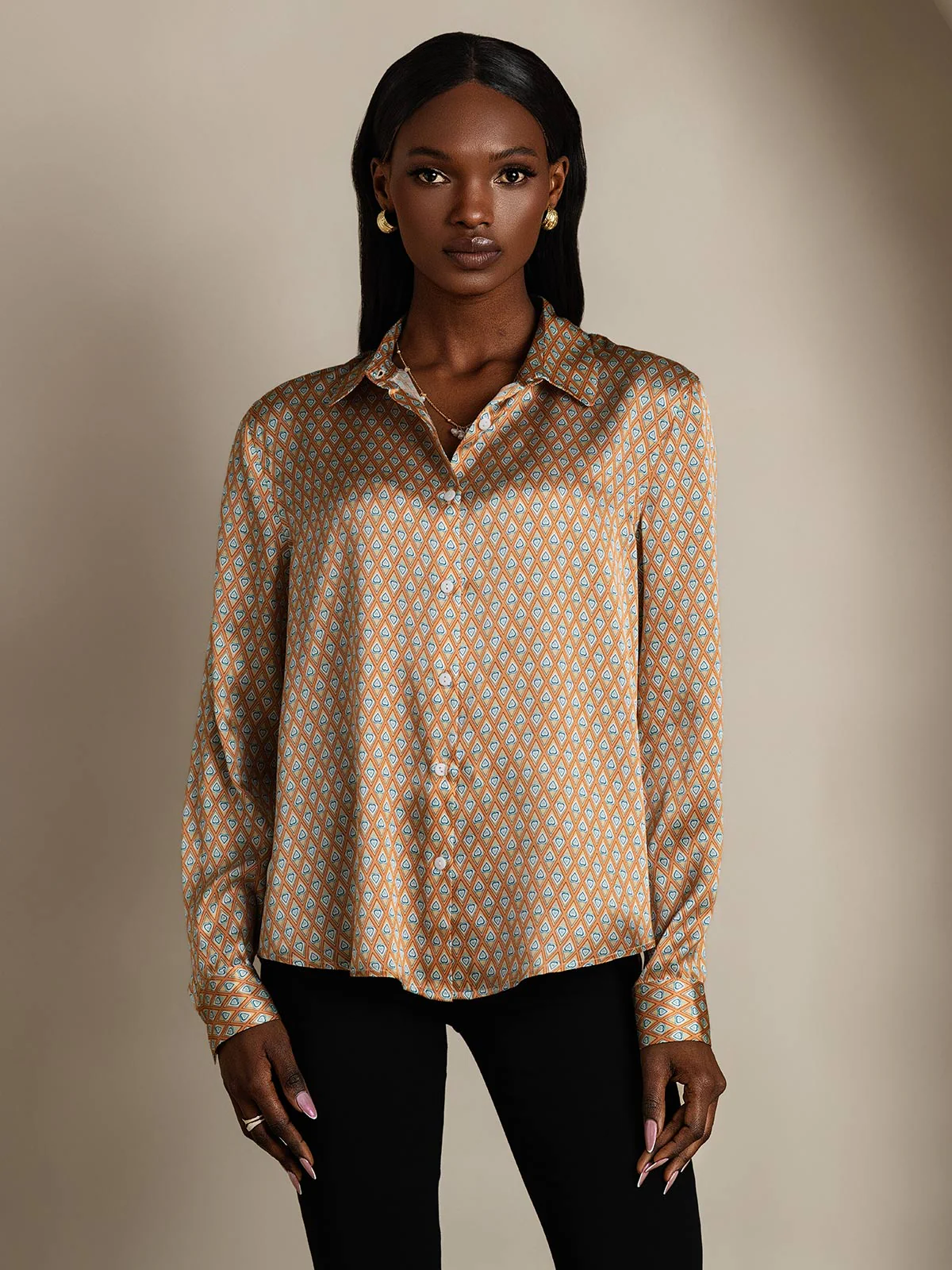 19Momme Silk Long Sleeve Lapel Collar Women's Shirt with Button Up Design - Image 97