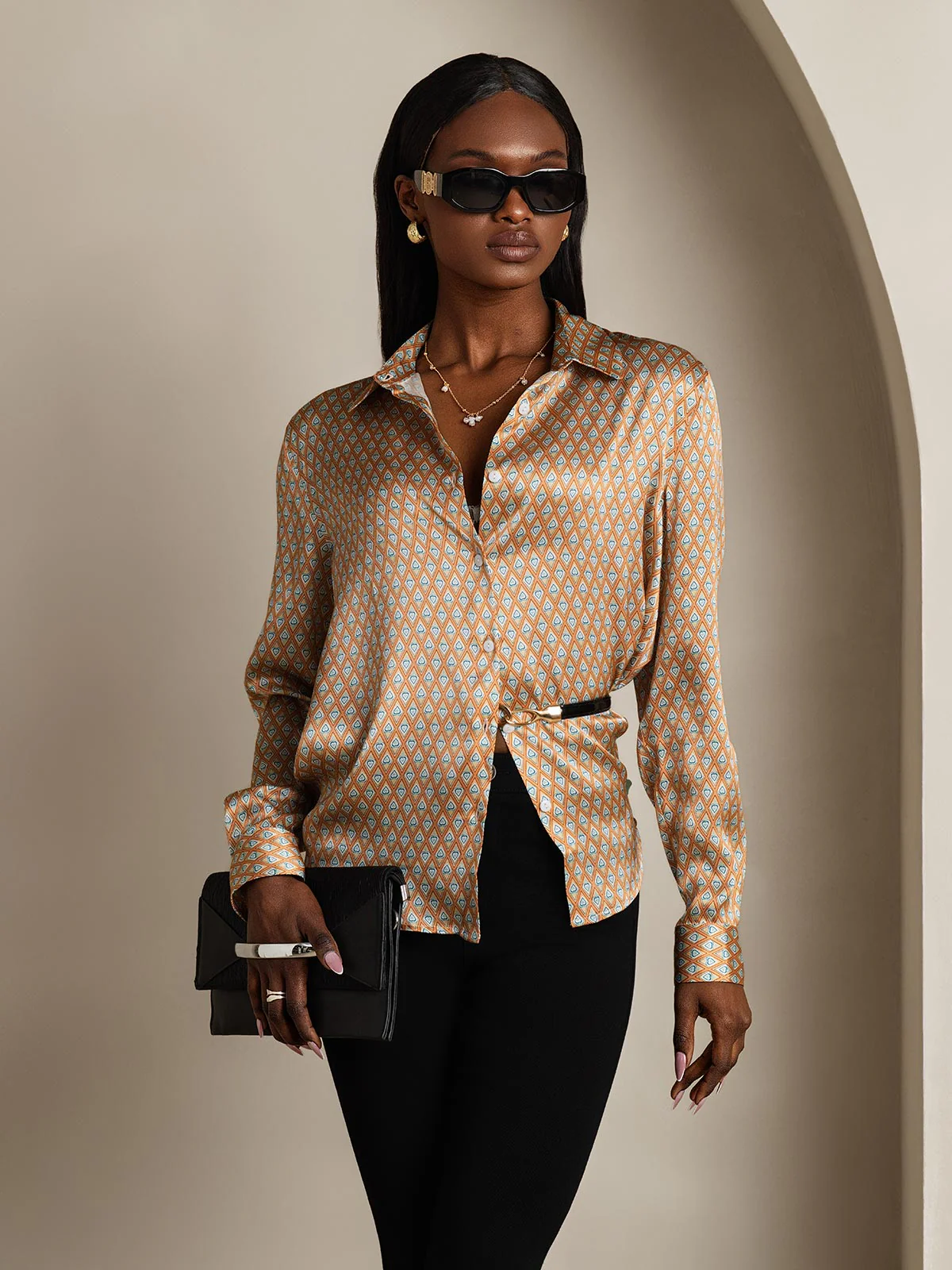 19Momme Silk Long Sleeve Lapel Collar Women's Shirt with Button Up Design - Image 98
