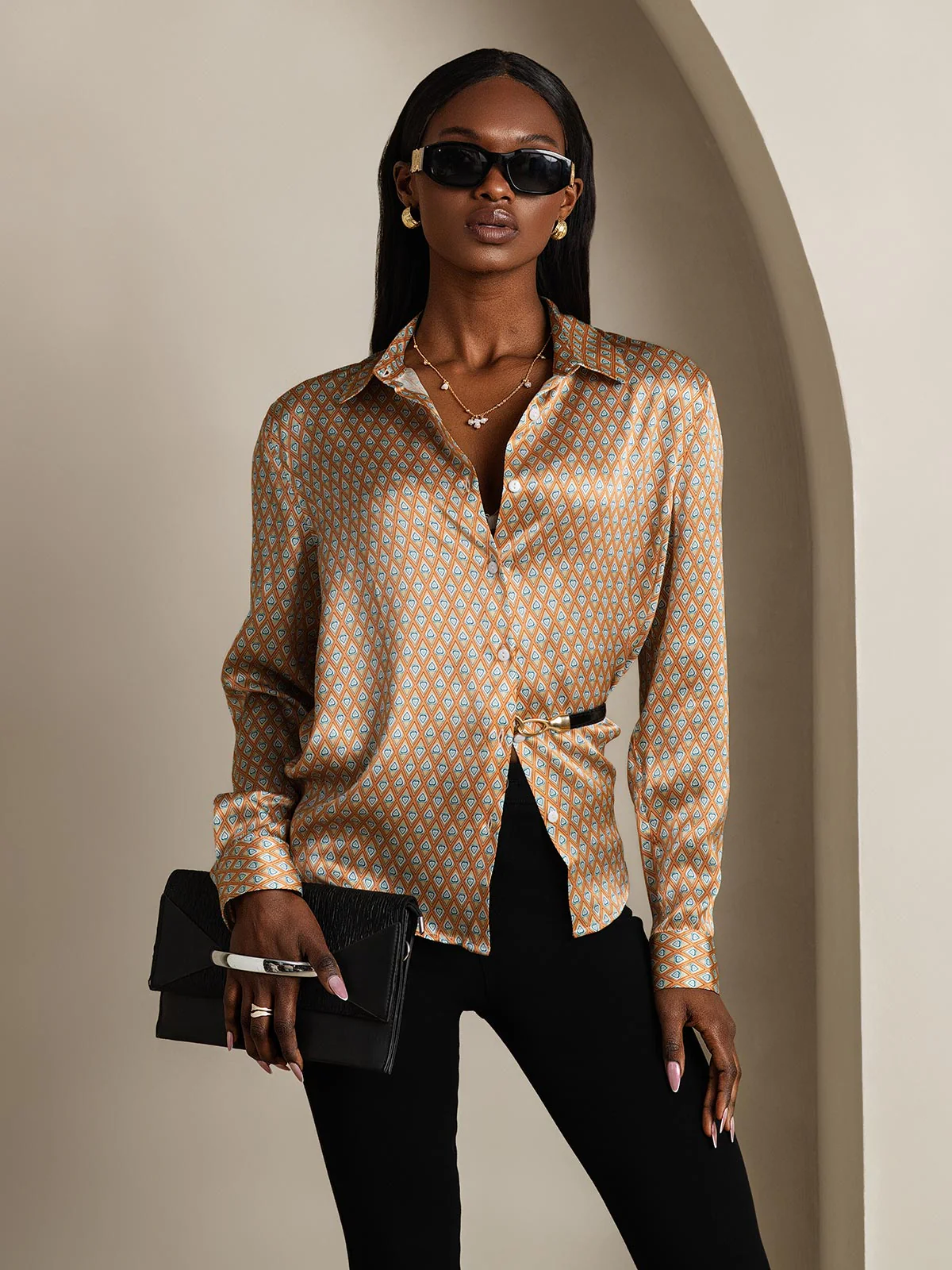 19Momme Silk Long Sleeve Lapel Collar Women's Shirt with Button Up Design - Image 101