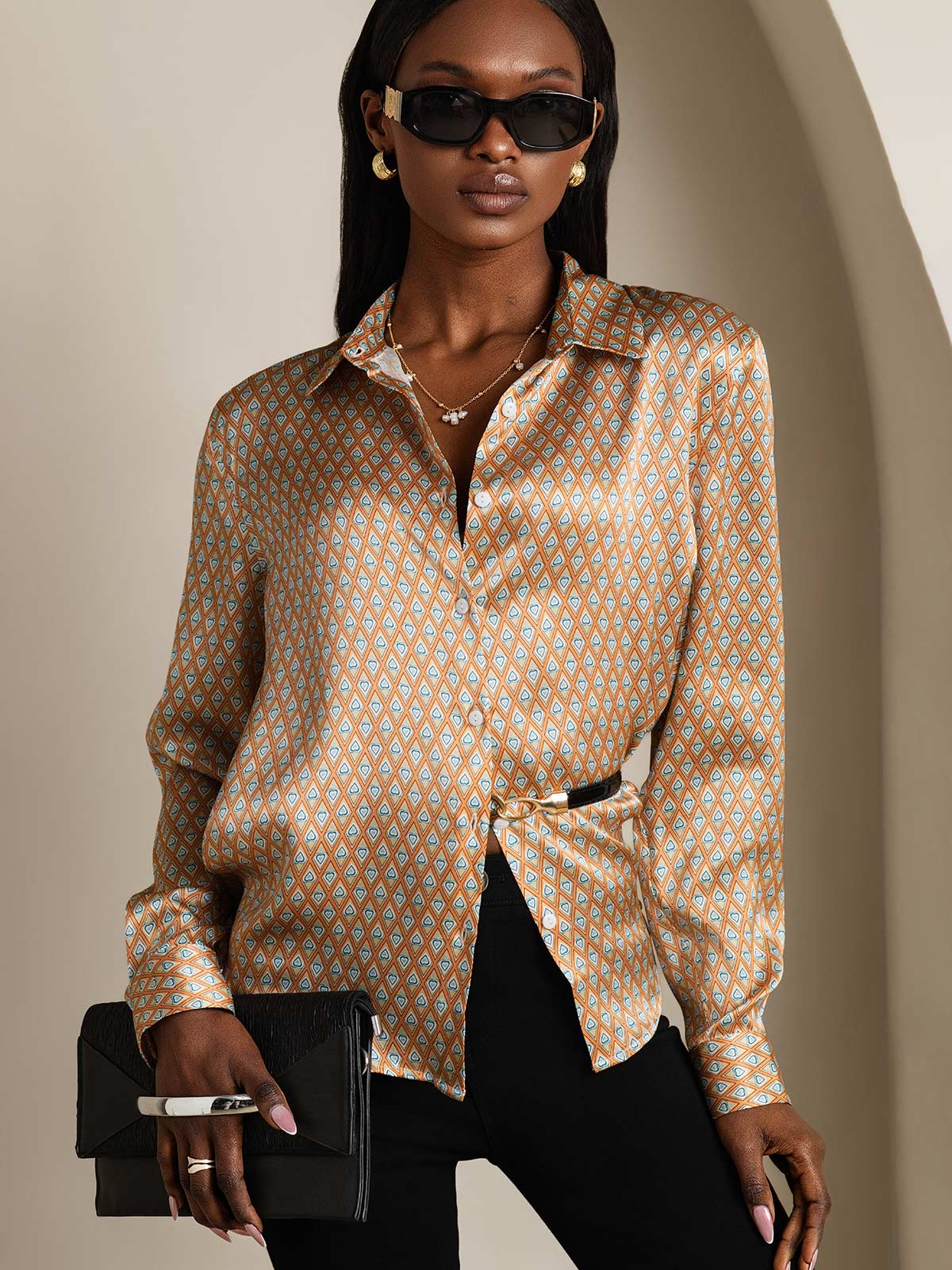19Momme Silk Long Sleeve Lapel Collar Women's Shirt with Button Up Design - Image 103