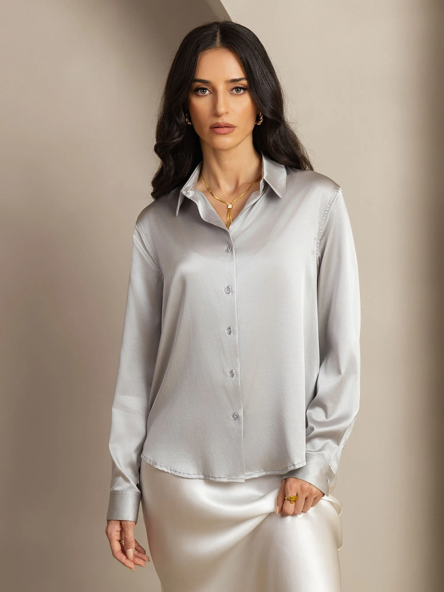 19Momme Silk Long Sleeve Lapel Collar Women's Shirt with Button Up Design - Image 123