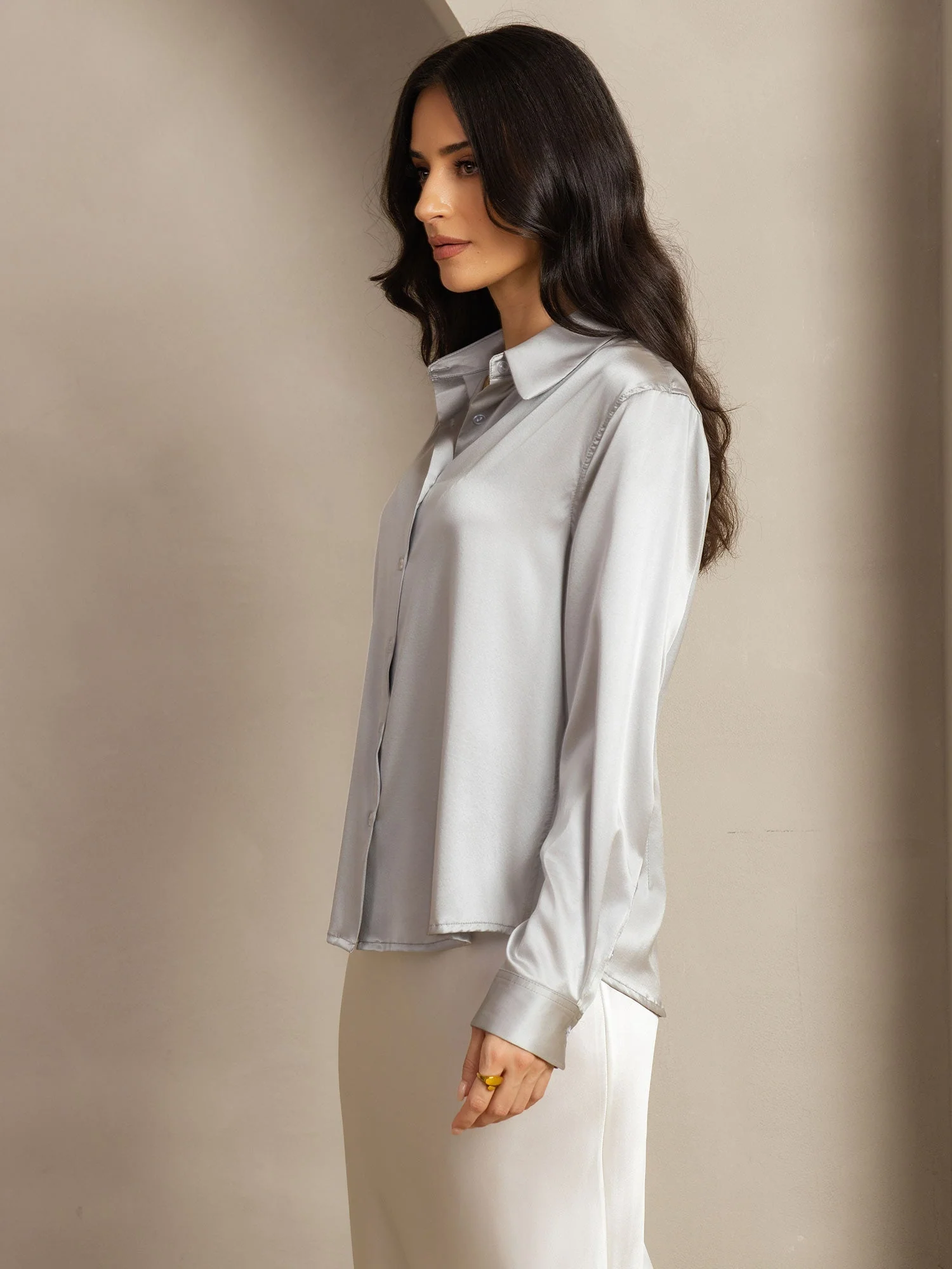19Momme Silk Long Sleeve Lapel Collar Women's Shirt with Button Up Design - Image 124