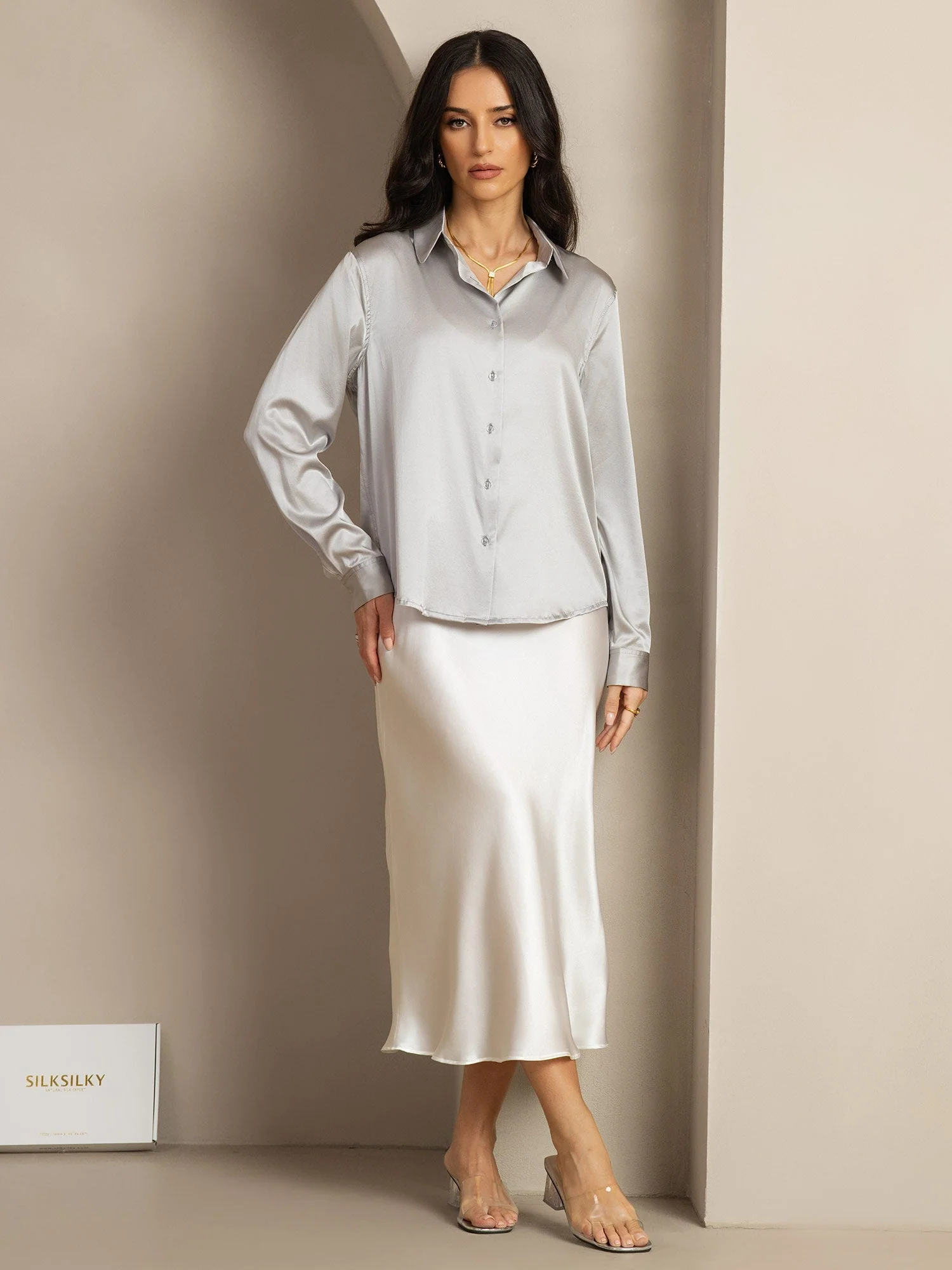 19Momme Silk Long Sleeve Lapel Collar Women's Shirt with Button Up Design - Image 127