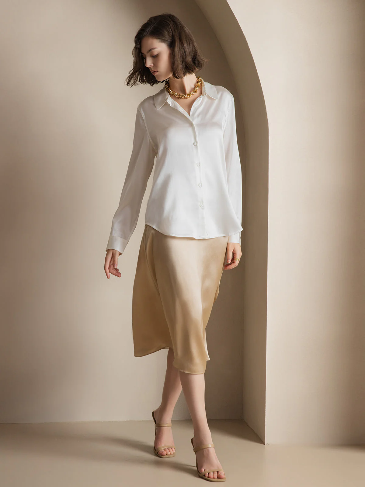 19Momme Silk Long Sleeve Lapel Collar Women's Shirt with Button Up Design - Image 13