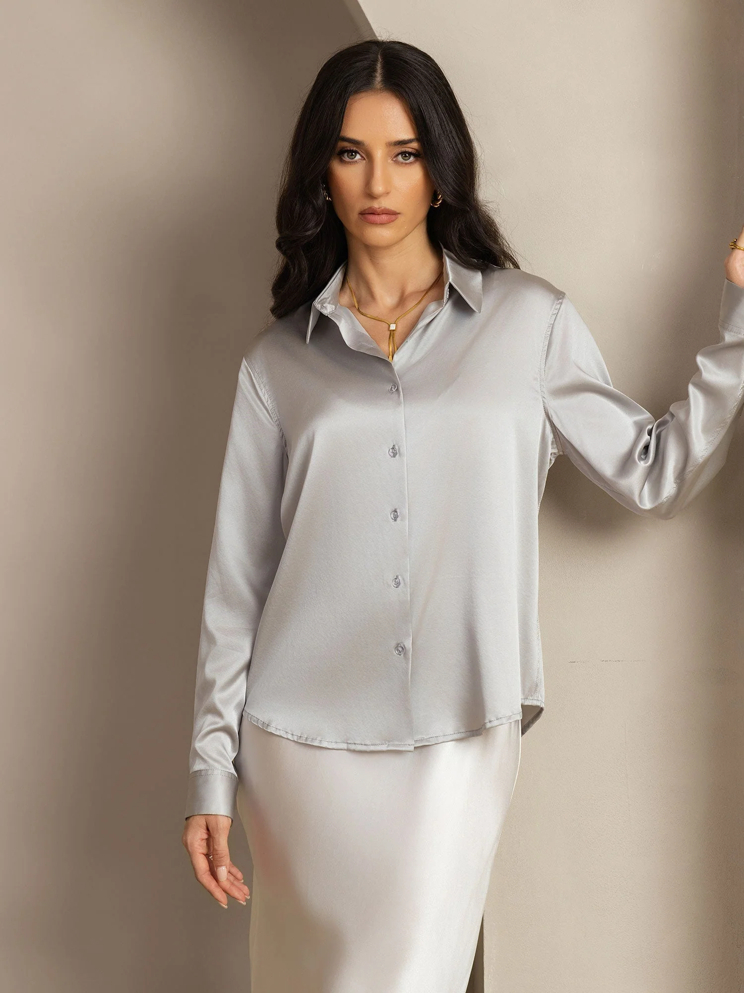 19Momme Silk Long Sleeve Lapel Collar Women's Shirt with Button Up Design - Image 130