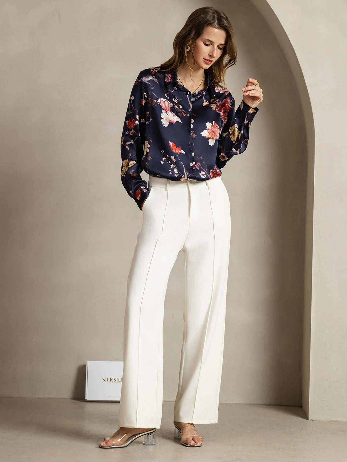19Momme Silk Long Sleeve Lapel Collar Women's Shirt with Button Up Design - Image 136
