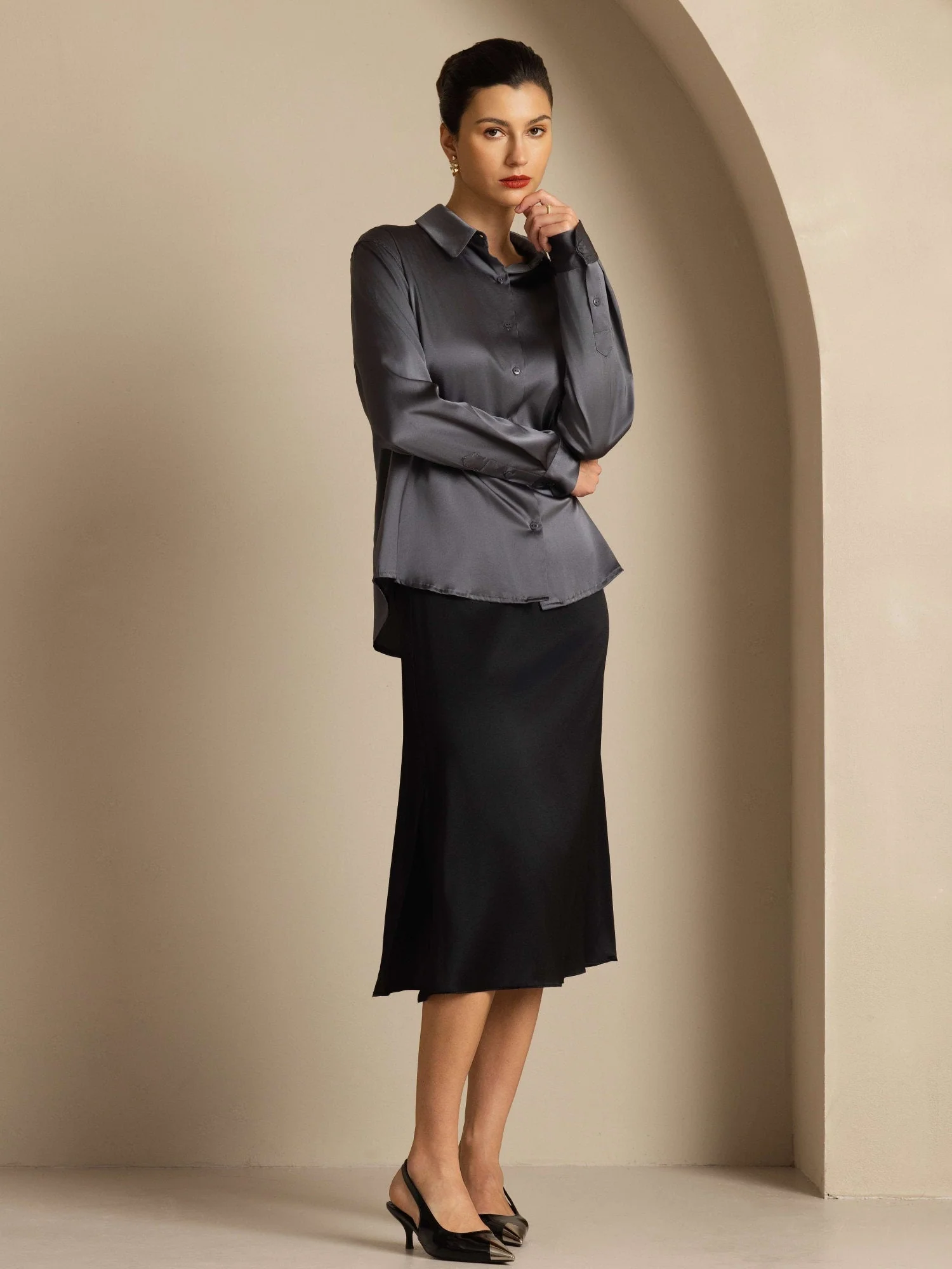 19Momme Silk Long Sleeve Lapel Collar Women's Shirt with Button Up Design - Image 137