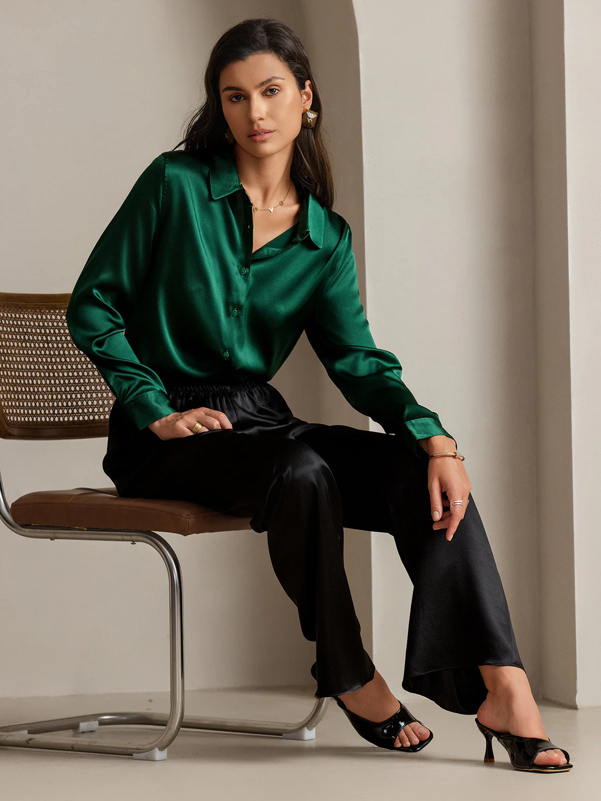 19Momme Silk Long Sleeve Lapel Collar Women's Shirt with Button Up Design - Image 14