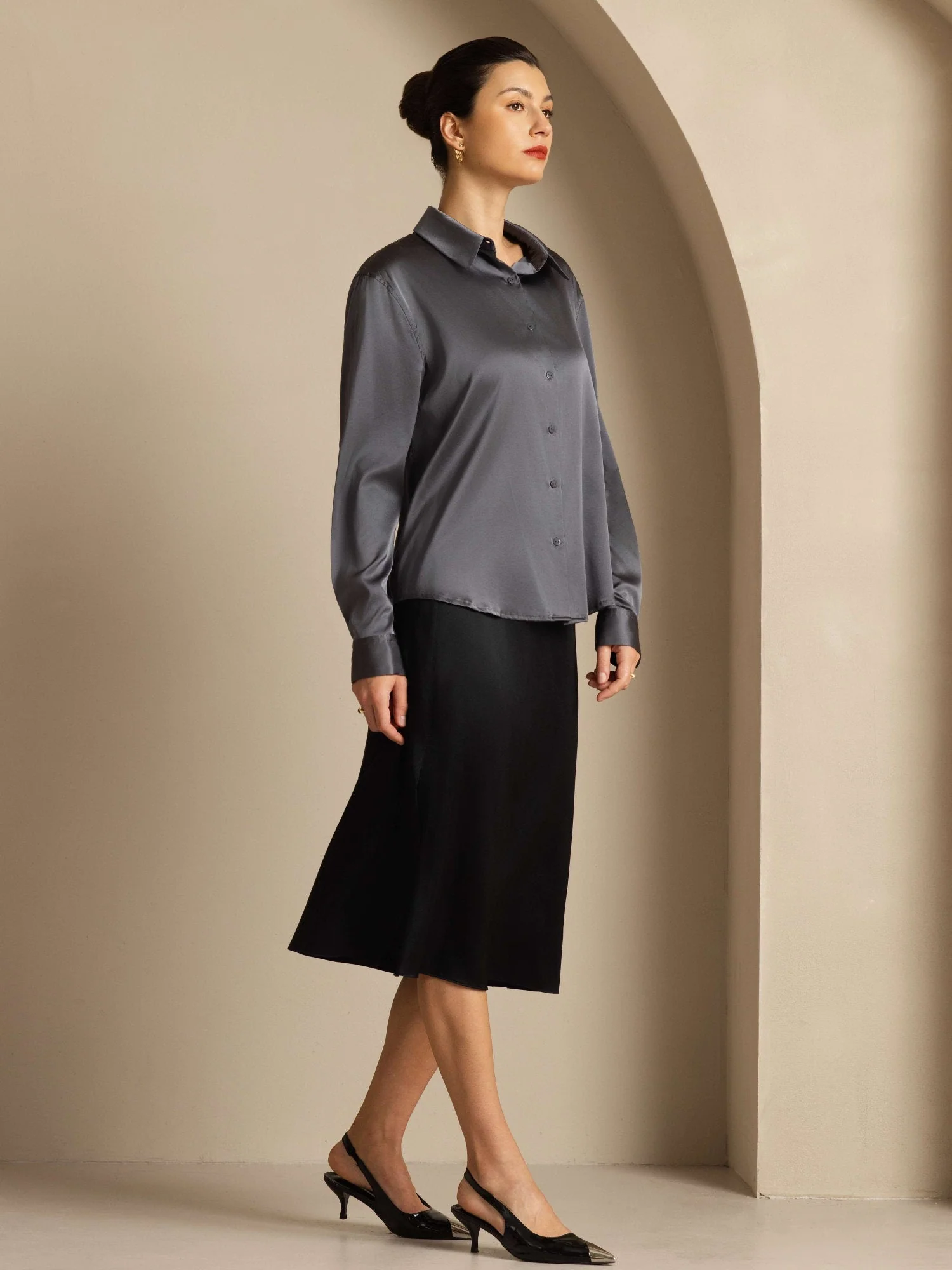 19Momme Silk Long Sleeve Lapel Collar Women's Shirt with Button Up Design - Image 140