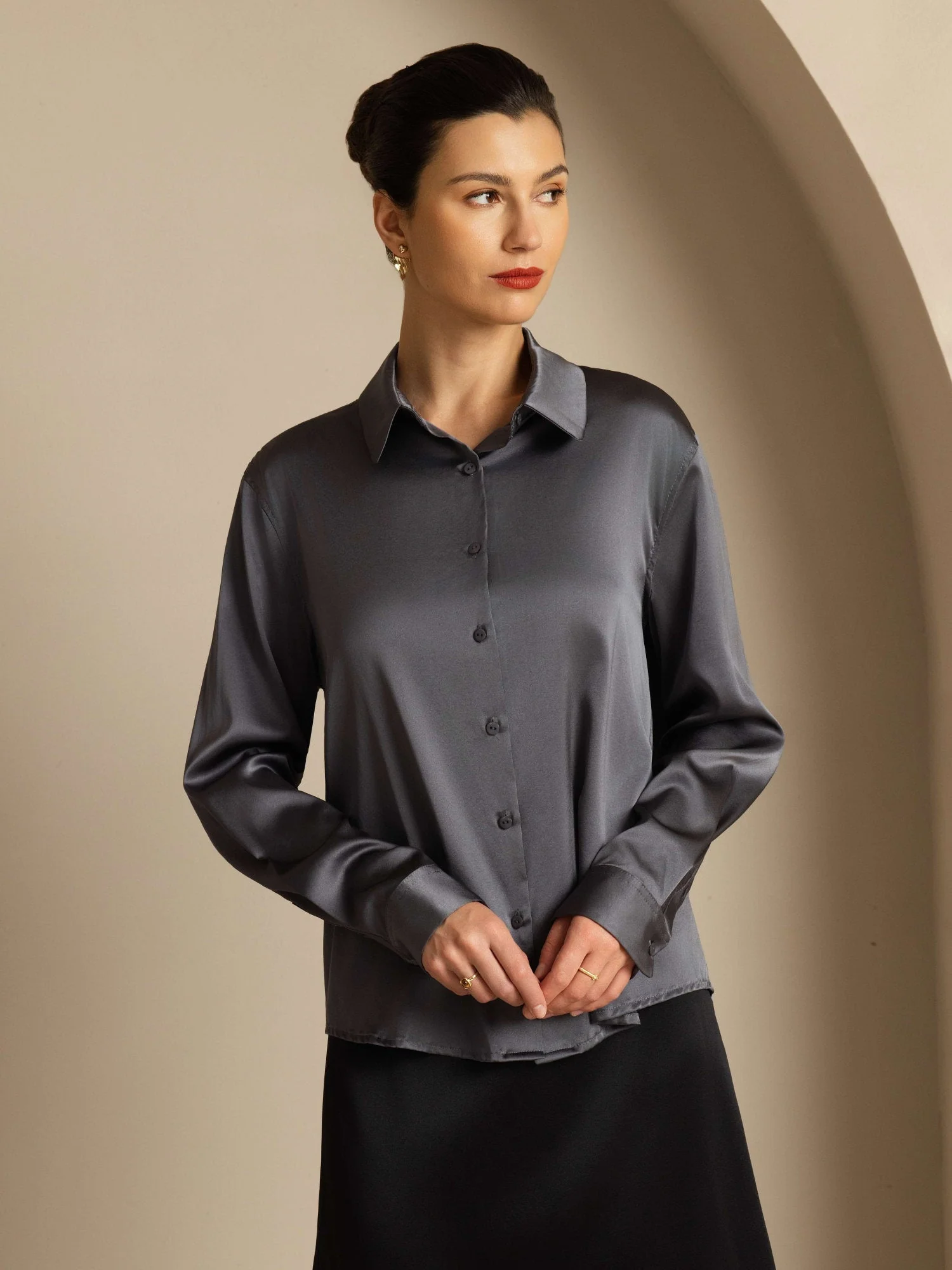 19Momme Silk Long Sleeve Lapel Collar Women's Shirt with Button Up Design - Image 143