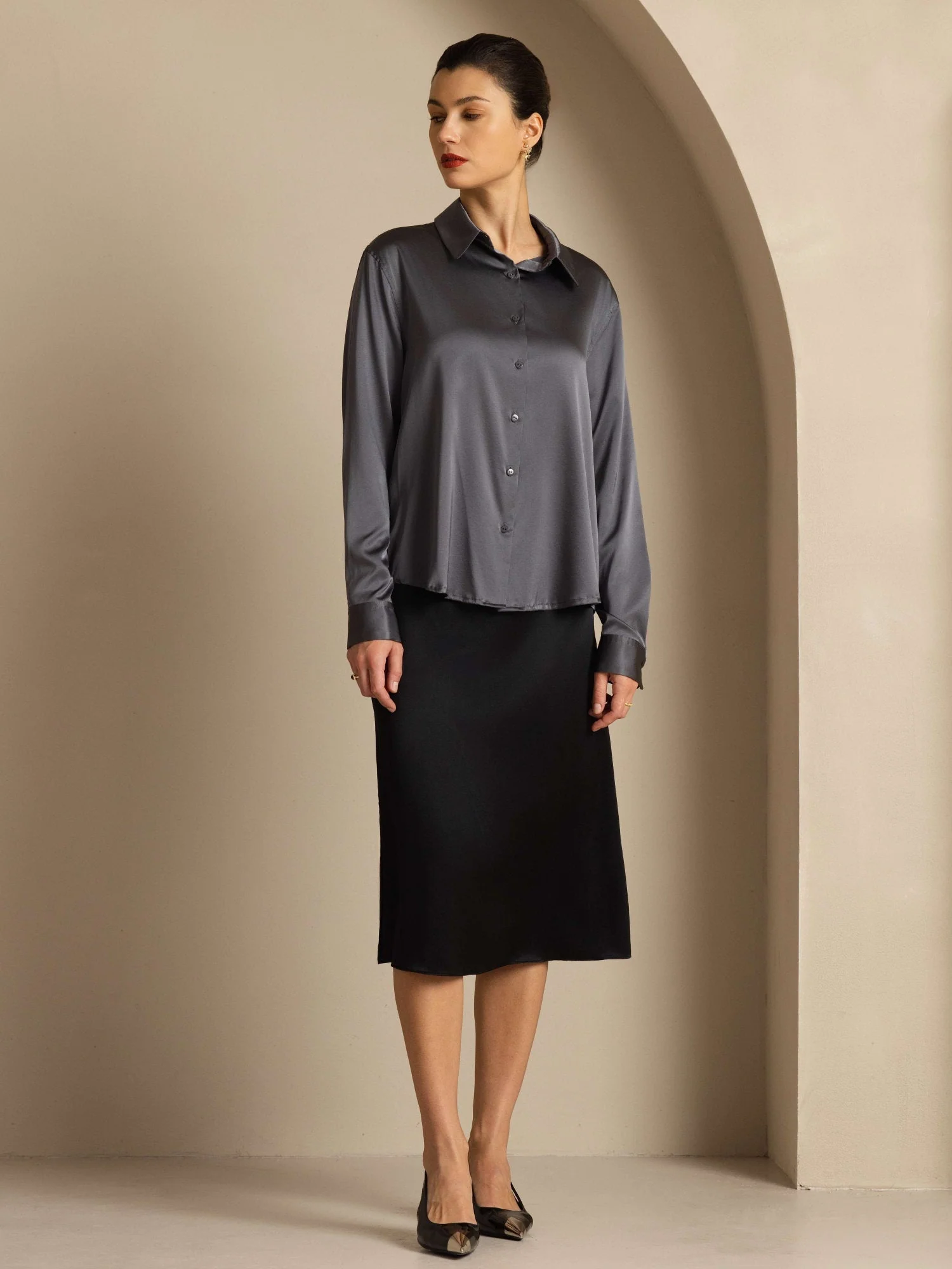 19Momme Silk Long Sleeve Lapel Collar Women's Shirt with Button Up Design - Image 144