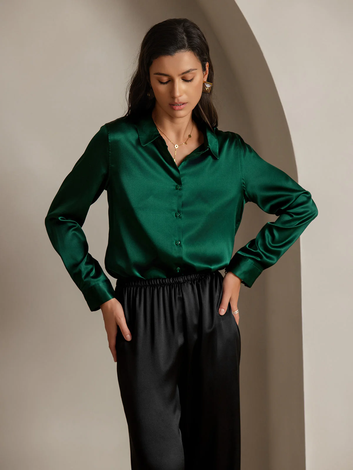19Momme Silk Long Sleeve Lapel Collar Women's Shirt with Button Up Design - Image 16