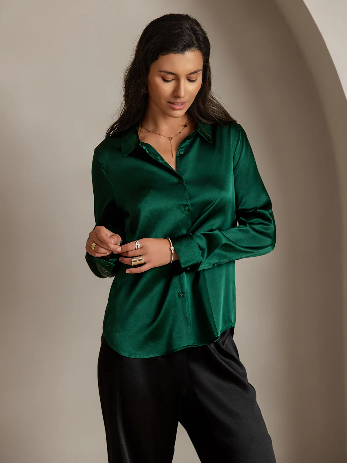 19Momme Silk Long Sleeve Lapel Collar Women's Shirt with Button Up Design - Image 17