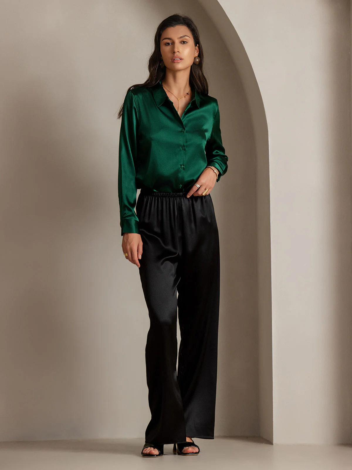 19Momme Silk Long Sleeve Lapel Collar Women's Shirt with Button Up Design - Image 18