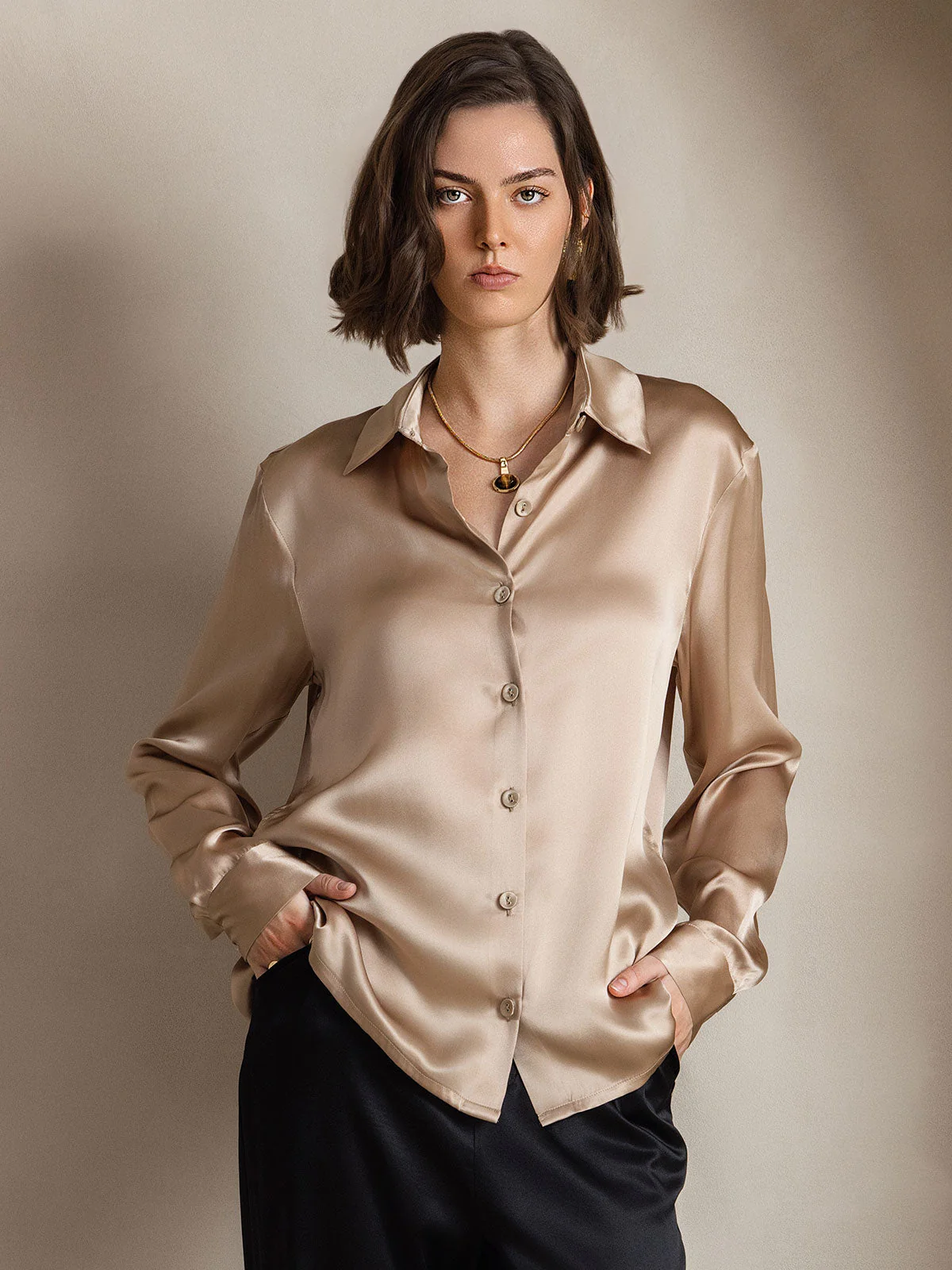 19Momme Silk Long Sleeve Lapel Collar Women's Shirt with Button Up Design - Image 19