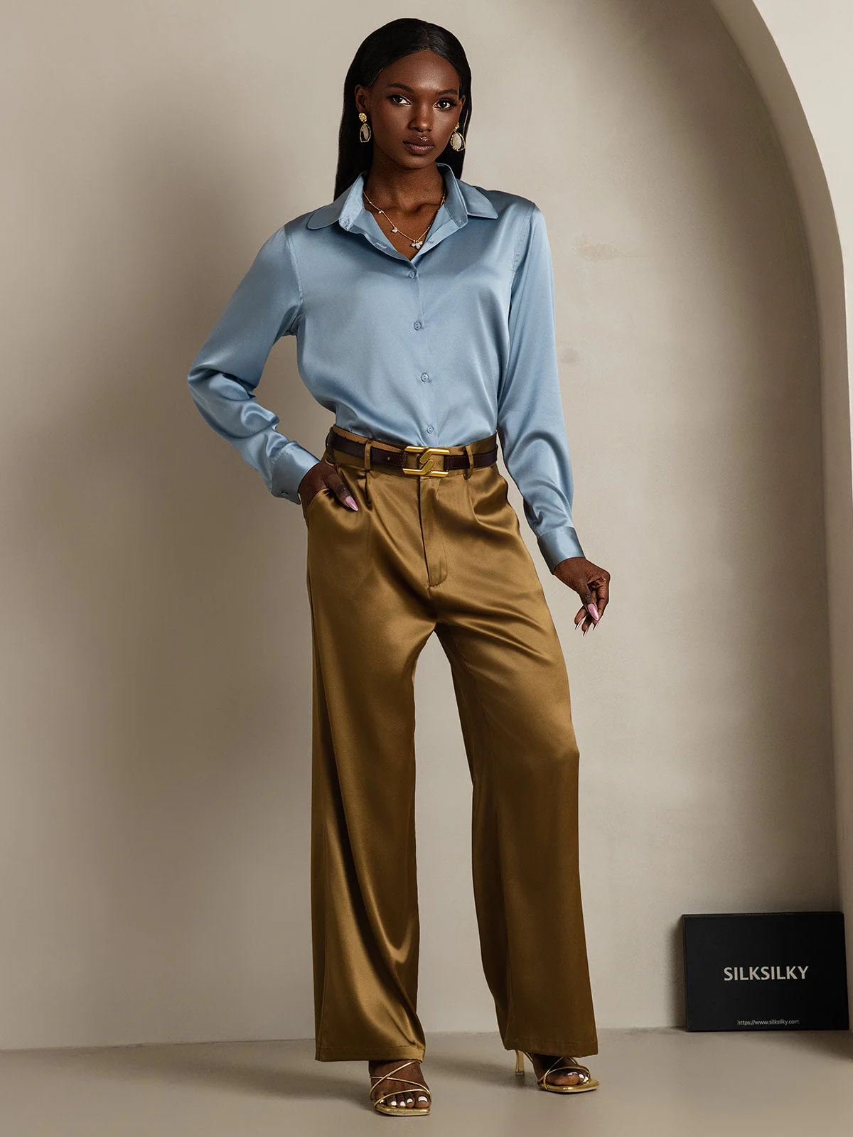 19Momme Silk Long Sleeve Lapel Collar Women's Shirt with Button Up Design - Image 34