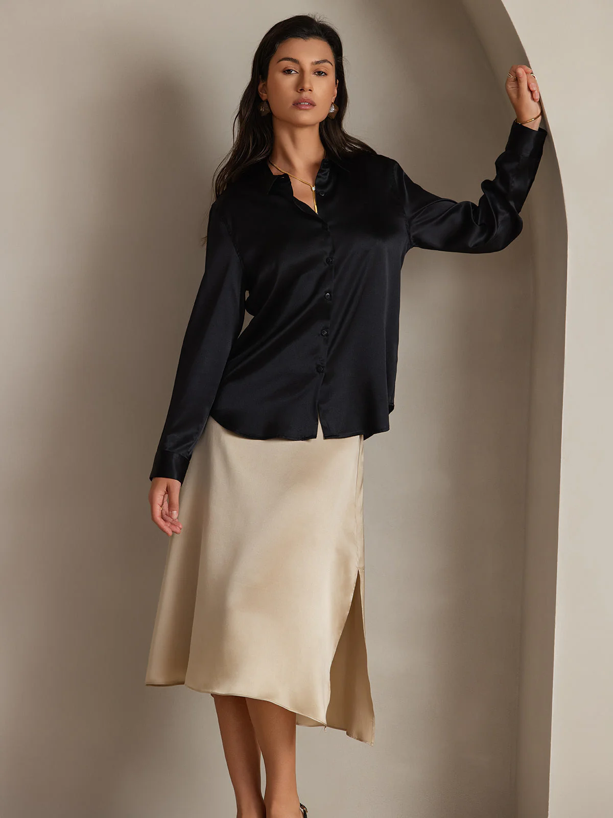 19Momme Silk Long Sleeve Lapel Collar Women's Shirt with Button Up Design - Image 35