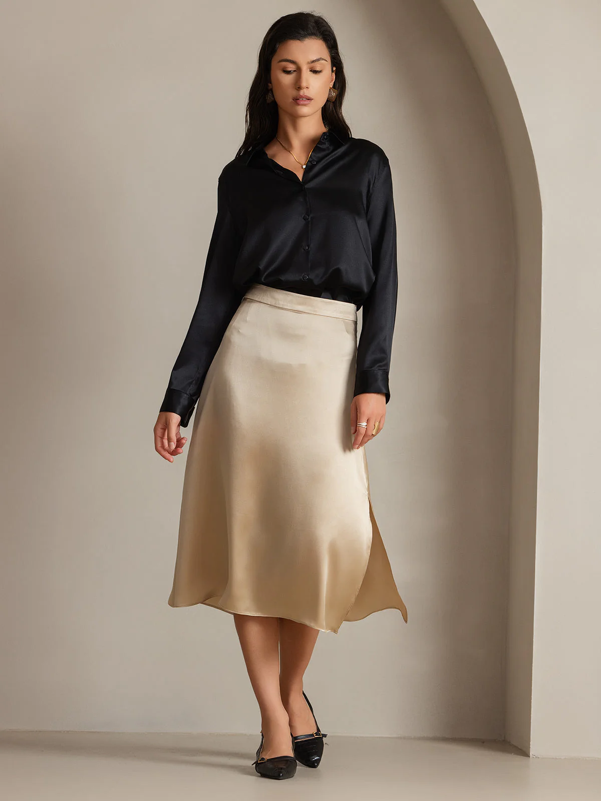 19Momme Silk Long Sleeve Lapel Collar Women's Shirt with Button Up Design - Image 37