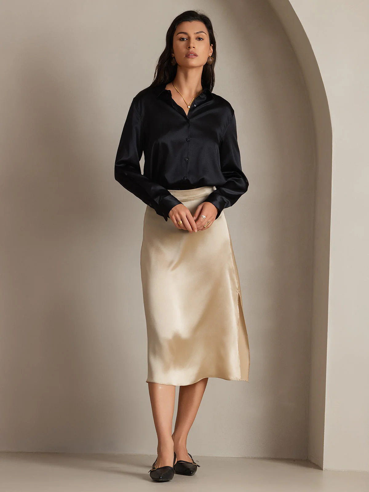 19Momme Silk Long Sleeve Lapel Collar Women's Shirt with Button Up Design - Image 38