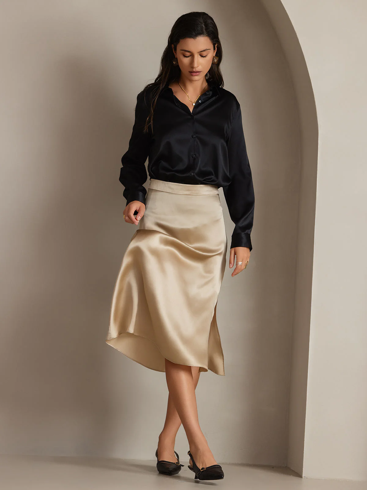 19Momme Silk Long Sleeve Lapel Collar Women's Shirt with Button Up Design - Image 39