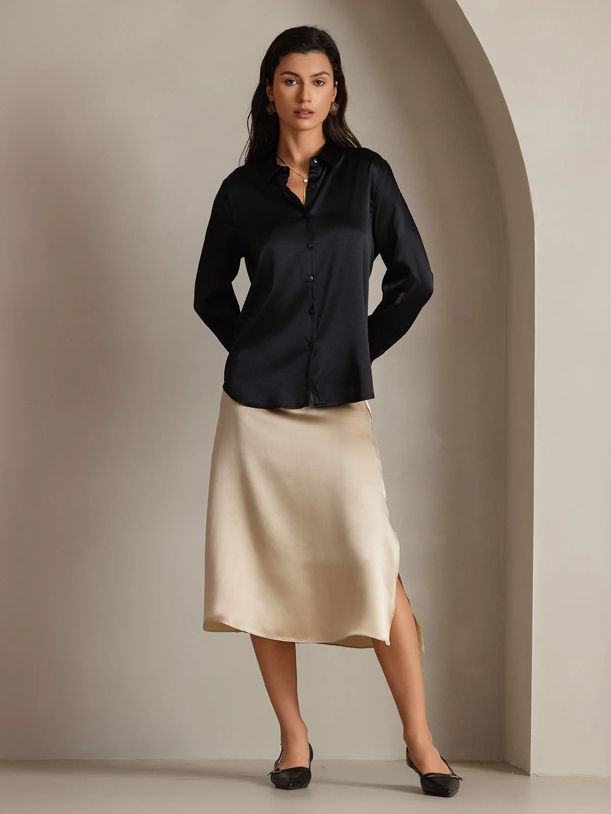 19Momme Silk Long Sleeve Lapel Collar Women's Shirt with Button Up Design - Image 40