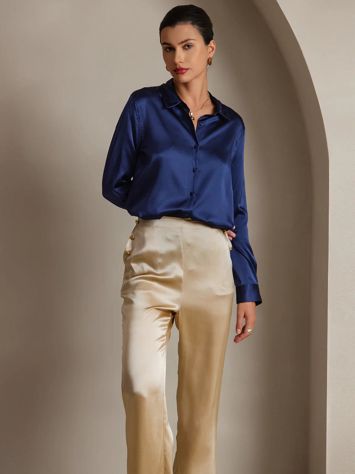 19Momme Silk Long Sleeve Lapel Collar Women's Shirt with Button Up Design - Image 41