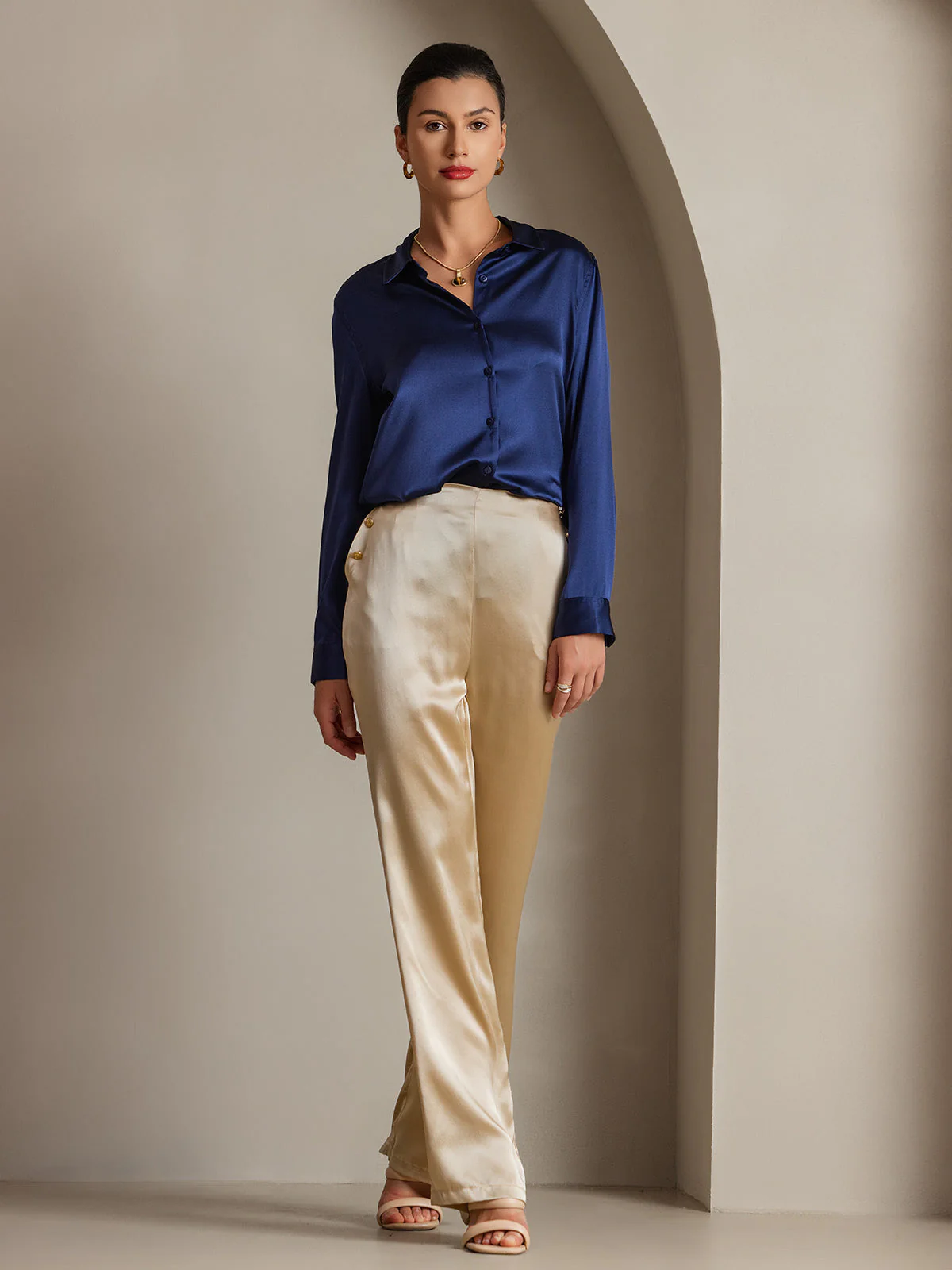19Momme Silk Long Sleeve Lapel Collar Women's Shirt with Button Up Design - Image 43