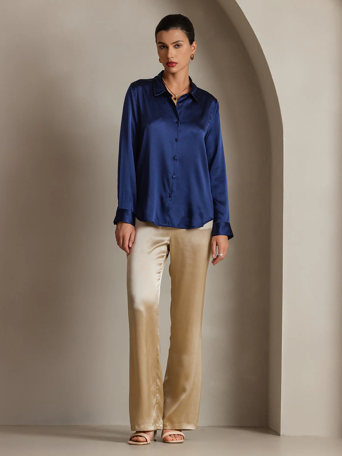 19Momme Silk Long Sleeve Lapel Collar Women's Shirt with Button Up Design - Image 44