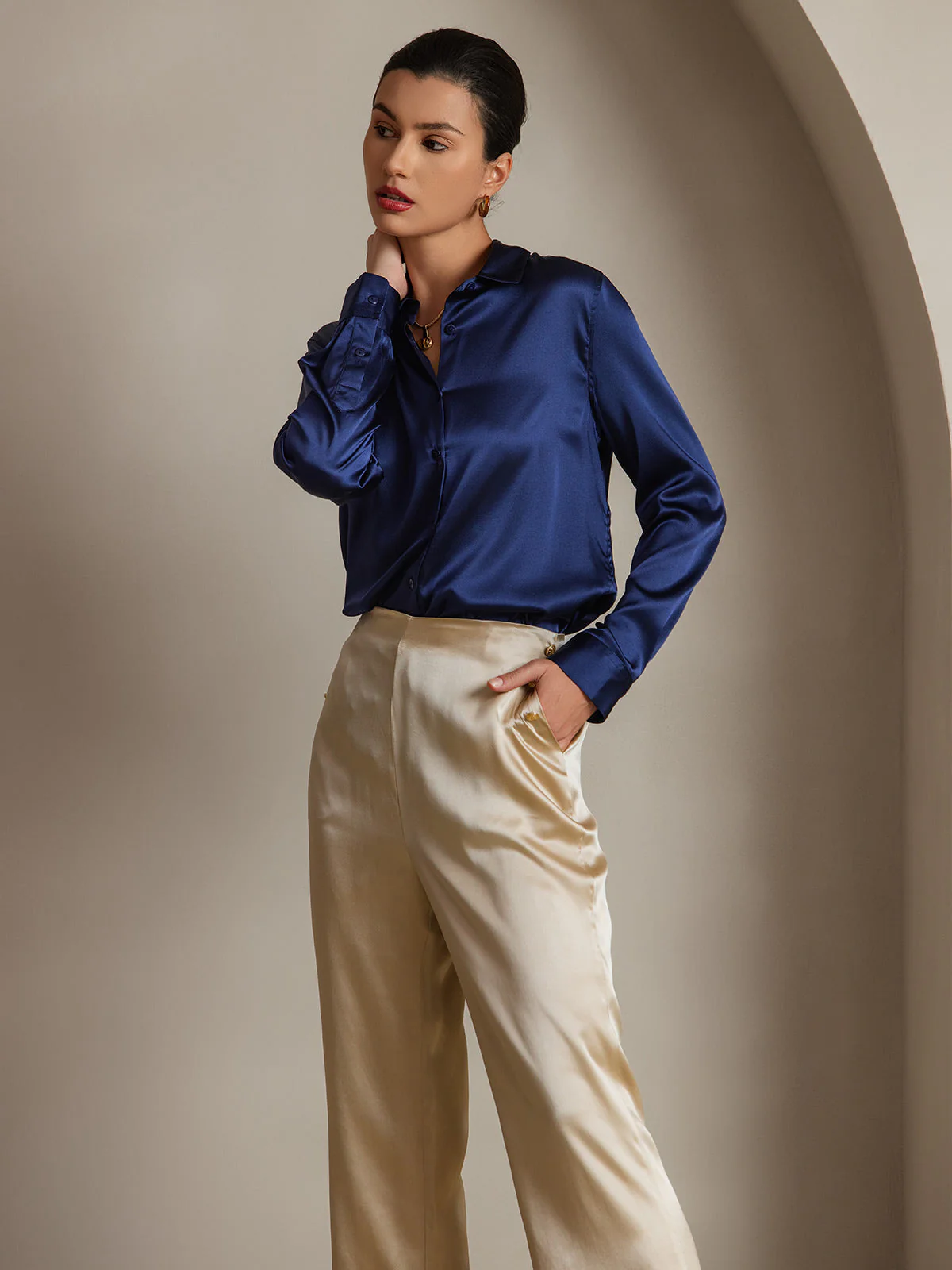 19Momme Silk Long Sleeve Lapel Collar Women's Shirt with Button Up Design - Image 45