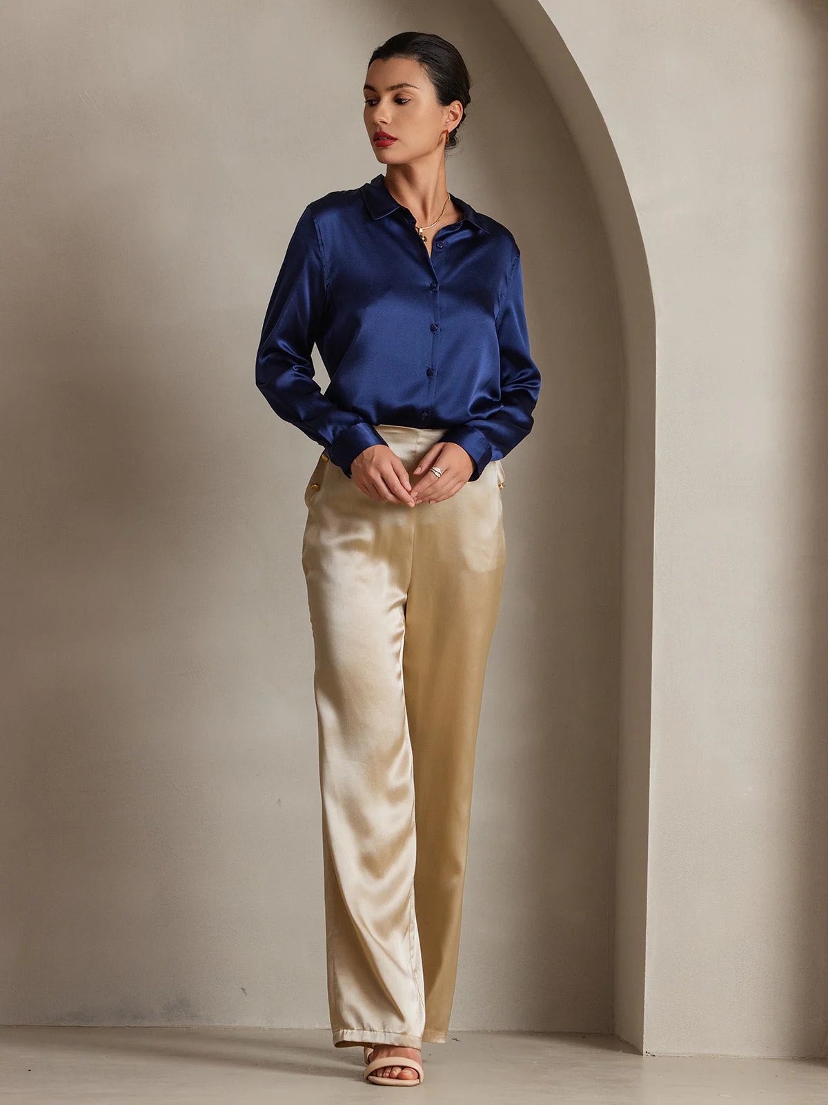 19Momme Silk Long Sleeve Lapel Collar Women's Shirt with Button Up Design - Image 46