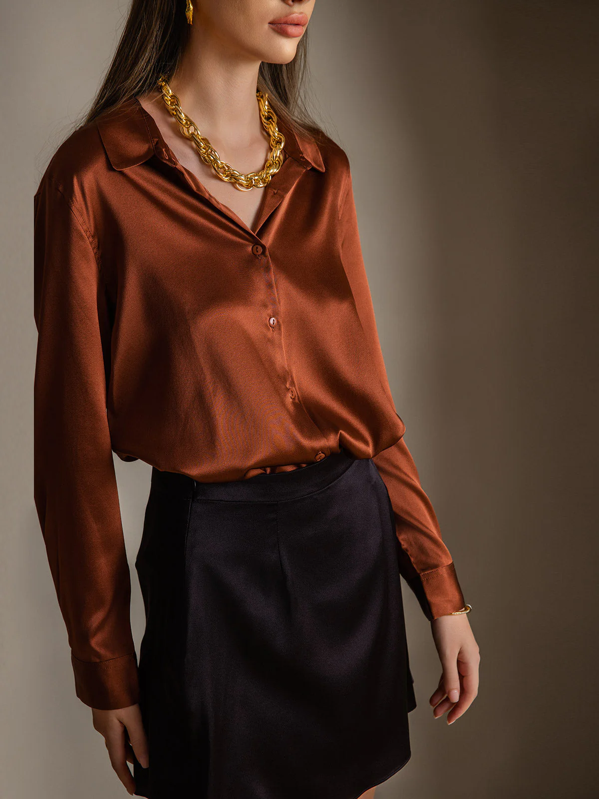 19Momme Silk Long Sleeve Lapel Collar Women's Shirt with Button Up Design - Image 47