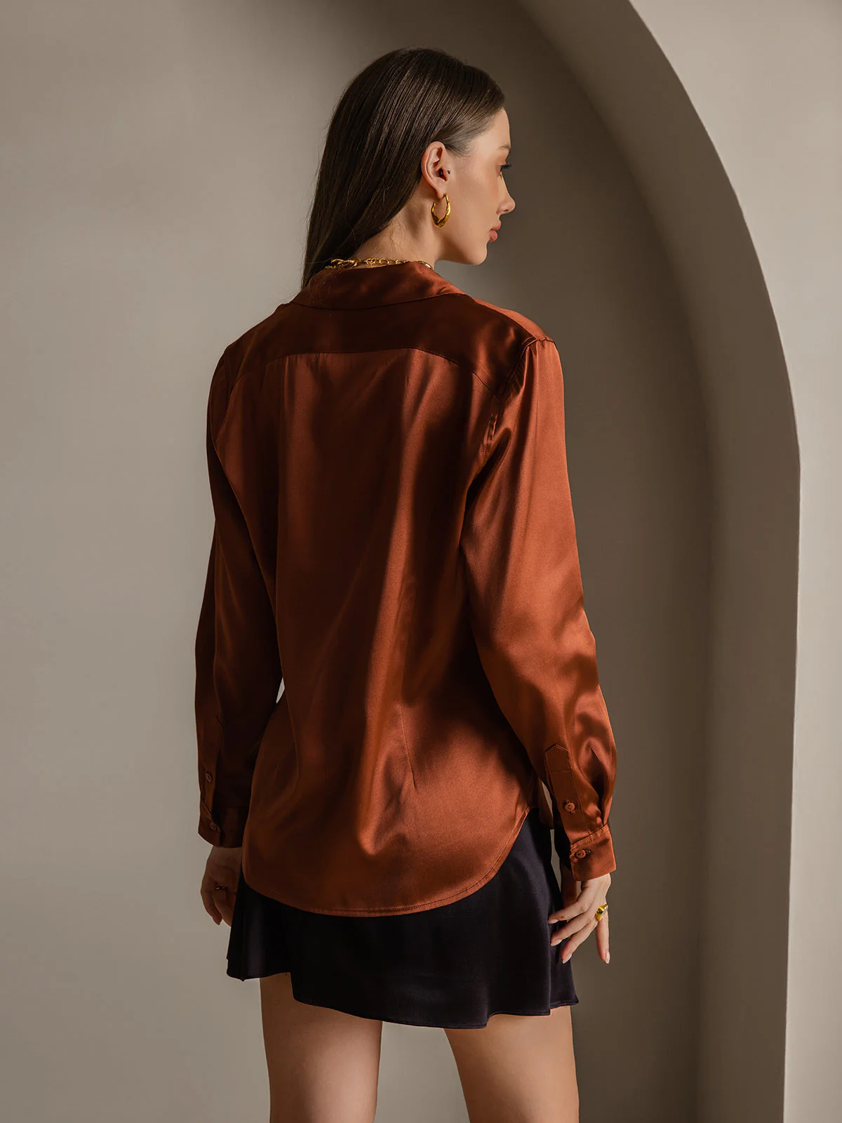 19Momme Silk Long Sleeve Lapel Collar Women's Shirt with Button Up Design - Image 48