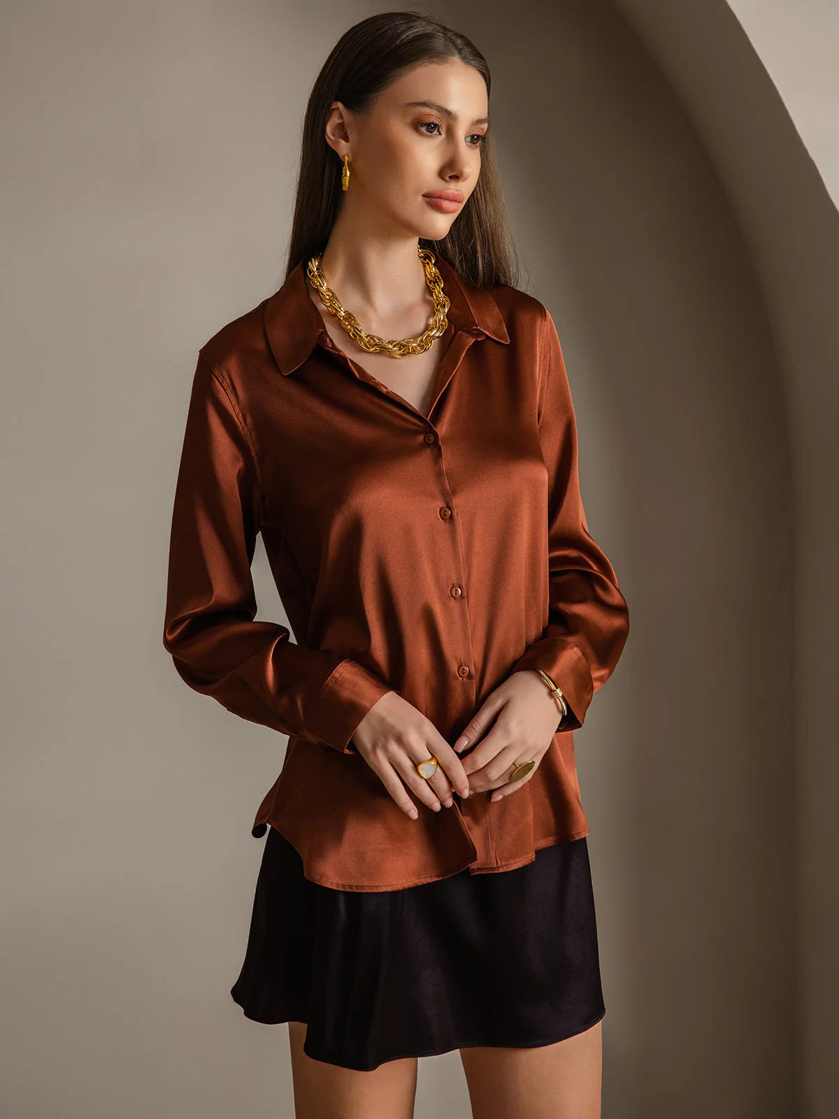 19Momme Silk Long Sleeve Lapel Collar Women's Shirt with Button Up Design - Image 49