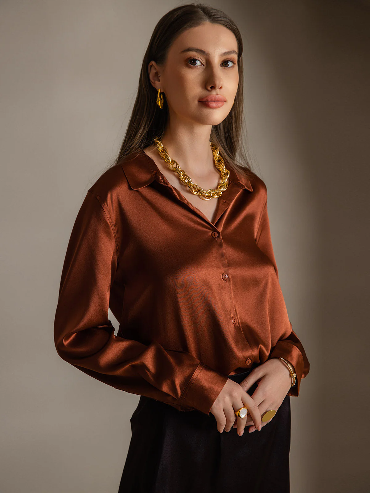 19Momme Silk Long Sleeve Lapel Collar Women's Shirt with Button Up Design - Image 50
