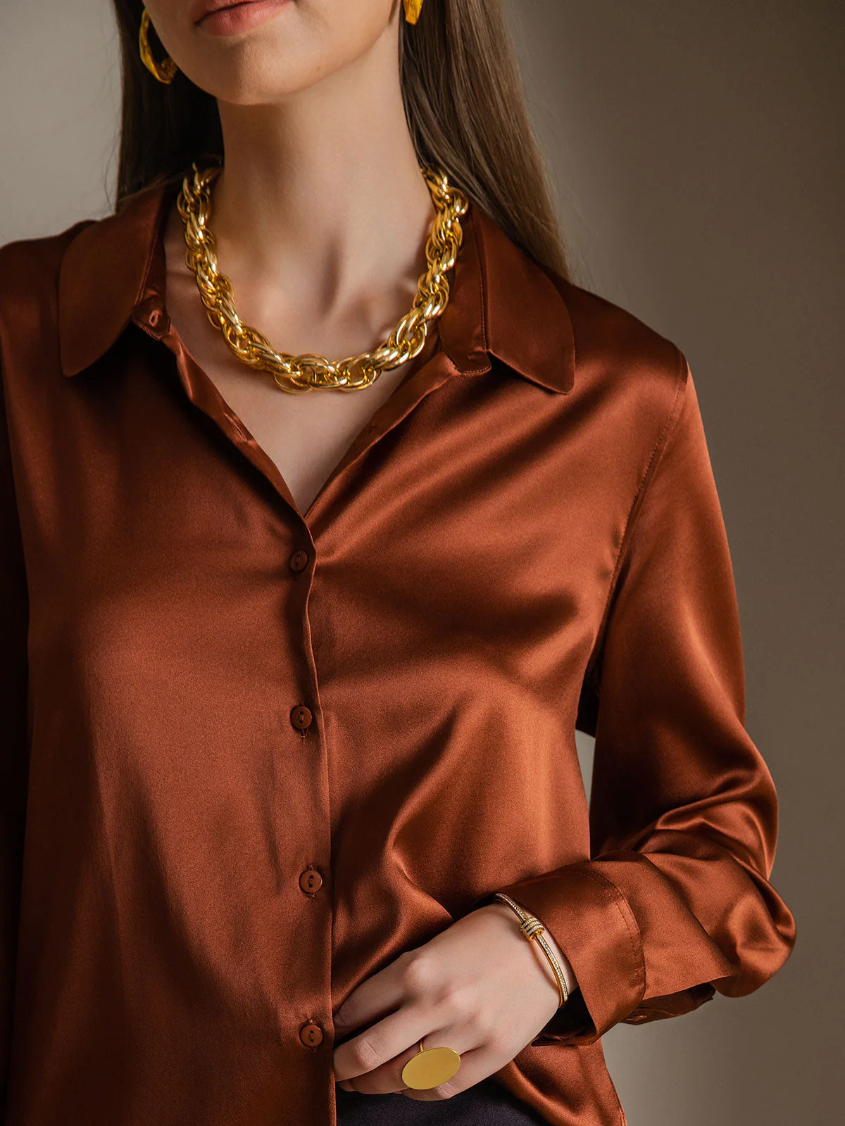 19Momme Silk Long Sleeve Lapel Collar Women's Shirt with Button Up Design - Image 52