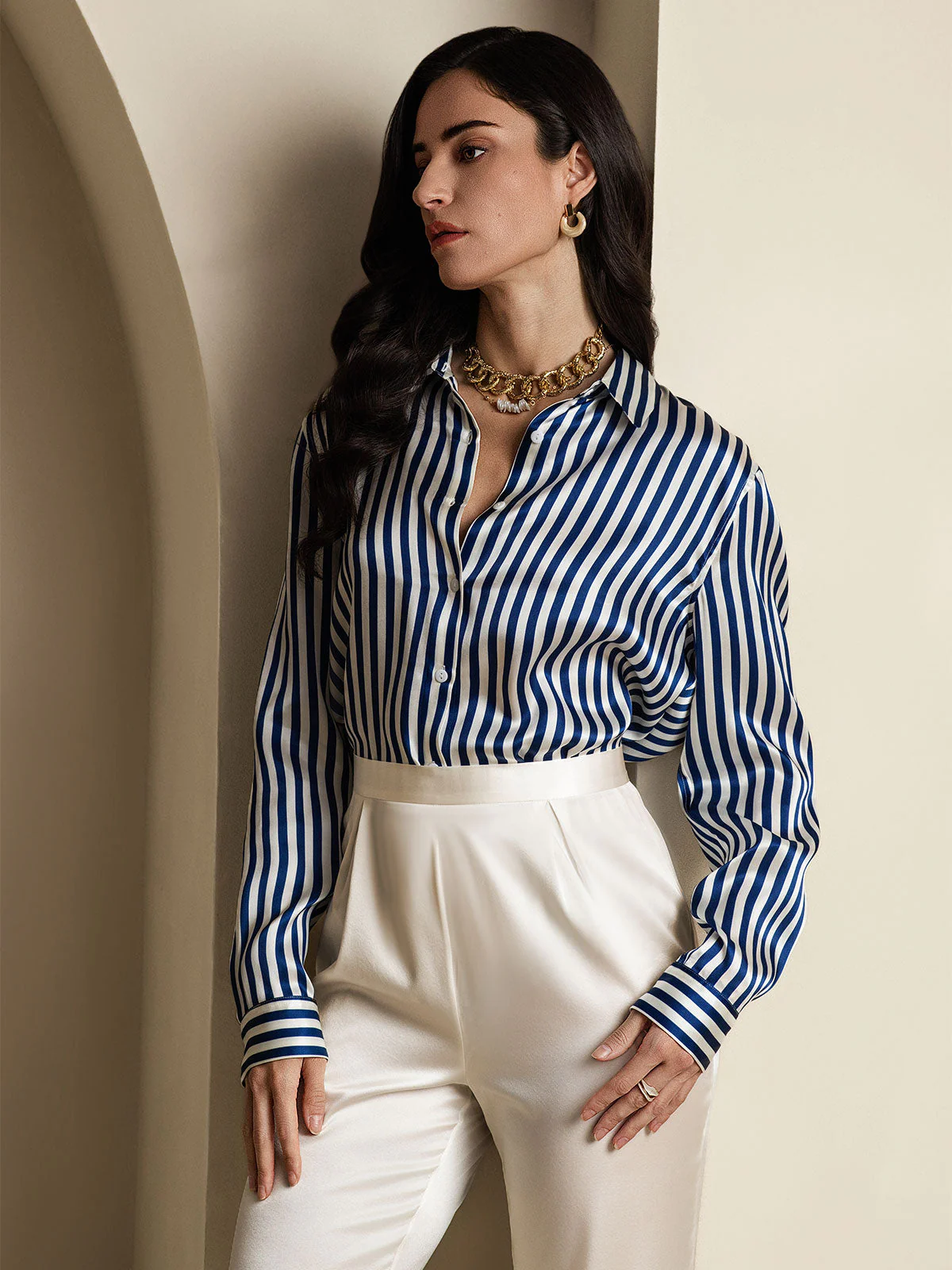19Momme Silk Long Sleeve Lapel Collar Women's Shirt with Button Up Design - Image 65