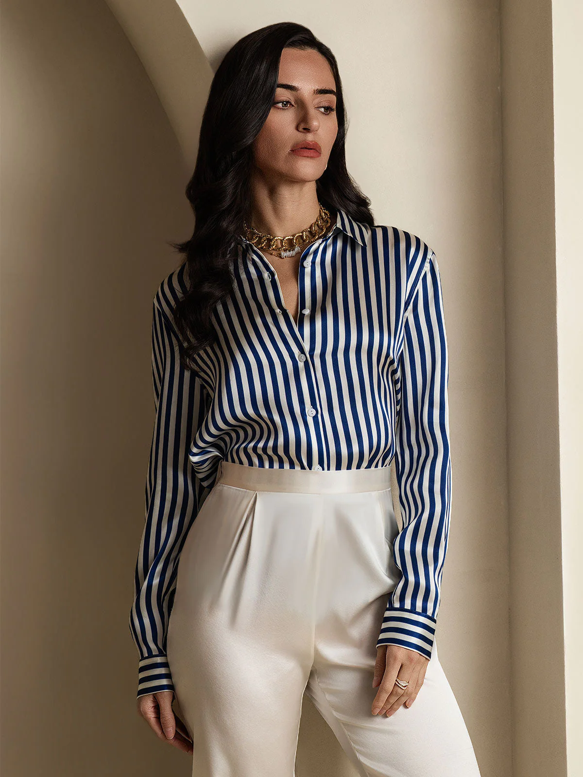 19Momme Silk Long Sleeve Lapel Collar Women's Shirt with Button Up Design - Image 66