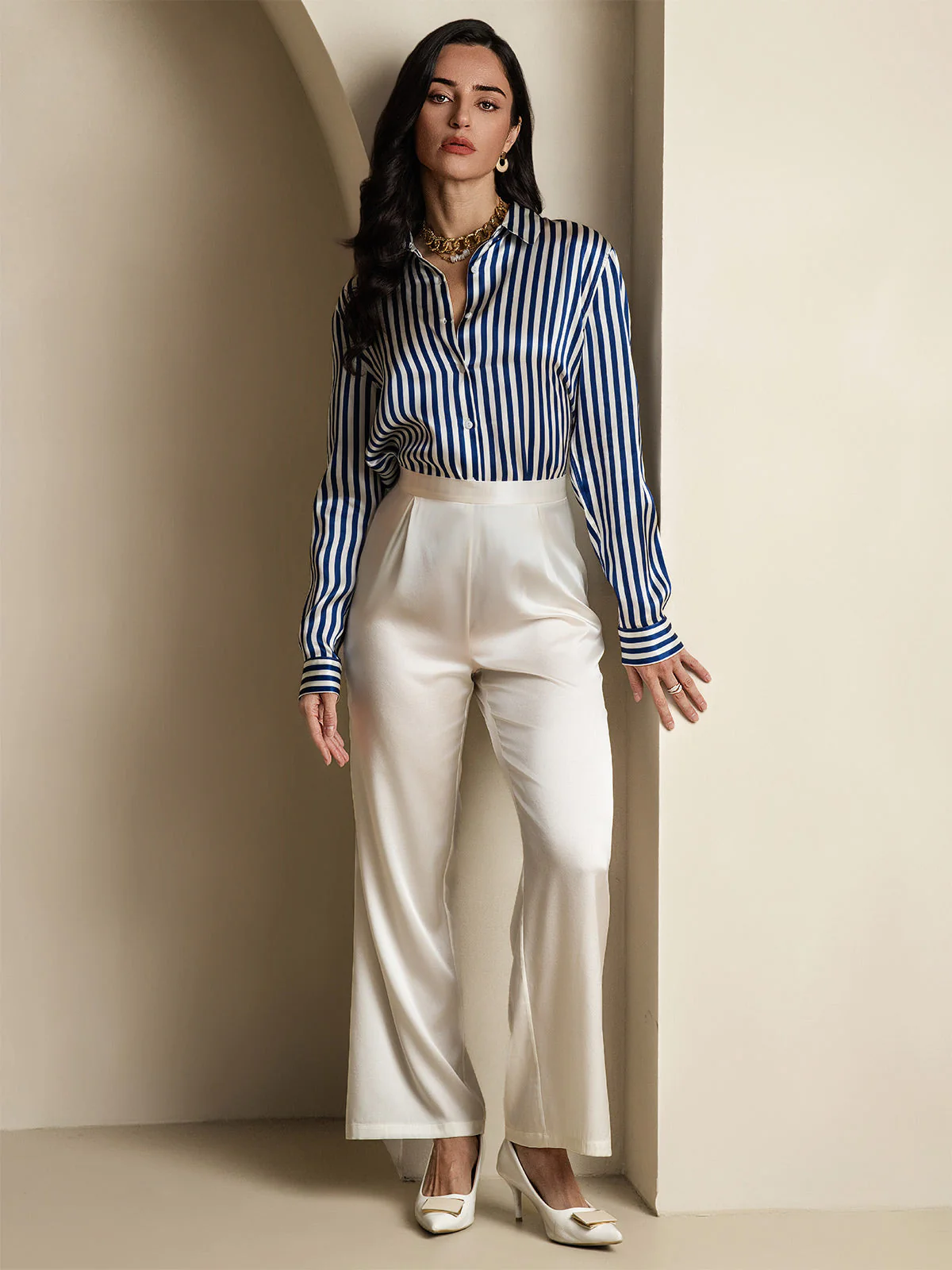 19Momme Silk Long Sleeve Lapel Collar Women's Shirt with Button Up Design - Image 67