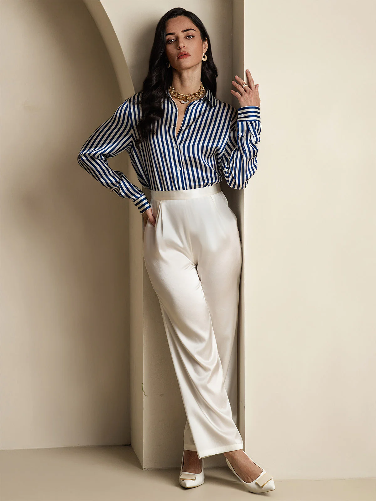 19Momme Silk Long Sleeve Lapel Collar Women's Shirt with Button Up Design - Image 69