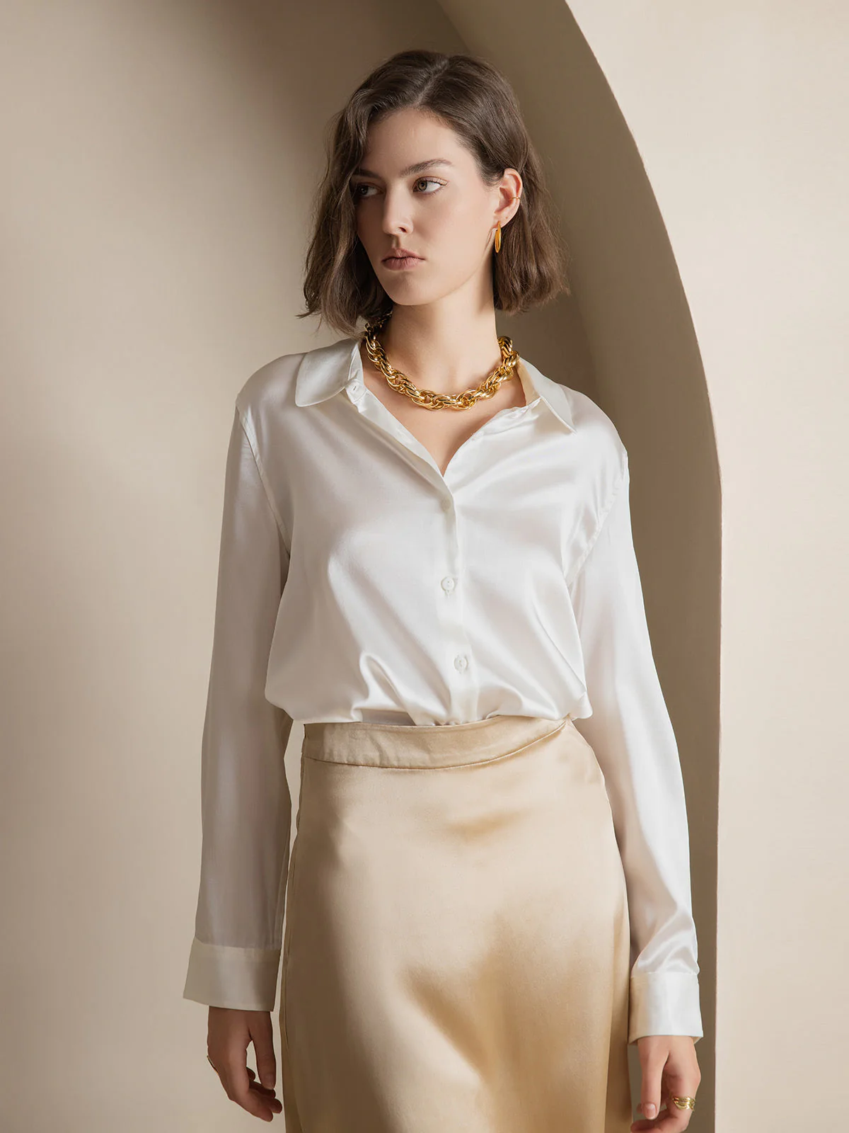 19Momme Silk Long Sleeve Lapel Collar Women's Shirt with Button Up Design - Image 7