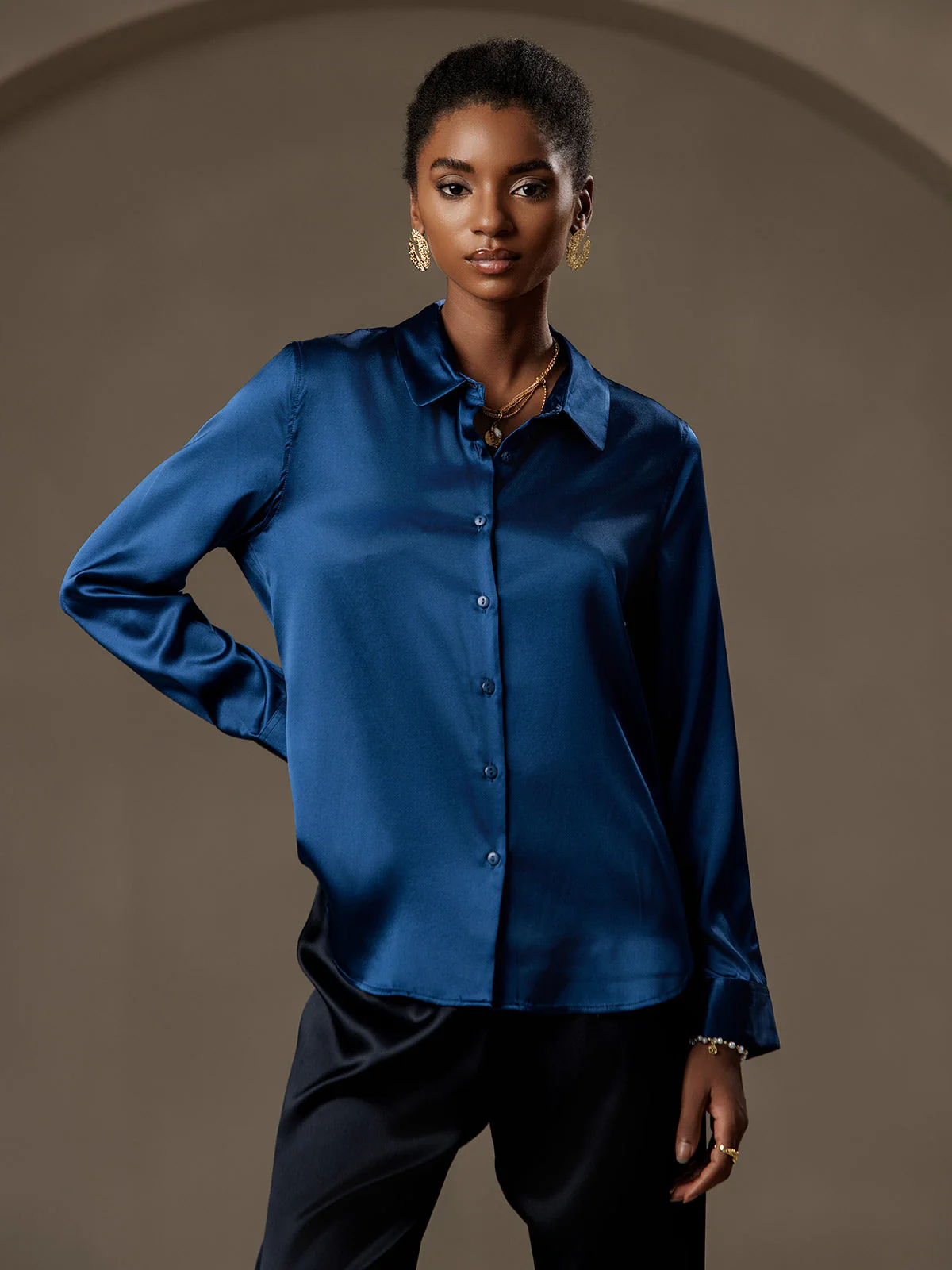 19Momme Silk Long Sleeve Lapel Collar Women's Shirt with Button Up Design - Image 70