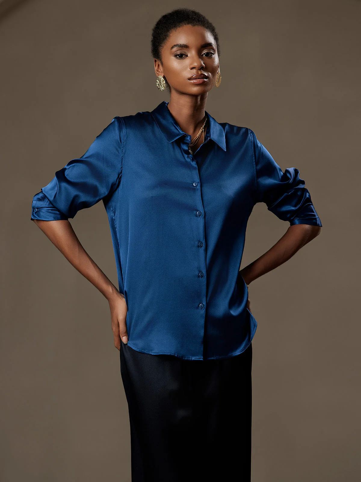 19Momme Silk Long Sleeve Lapel Collar Women's Shirt with Button Up Design - Image 73