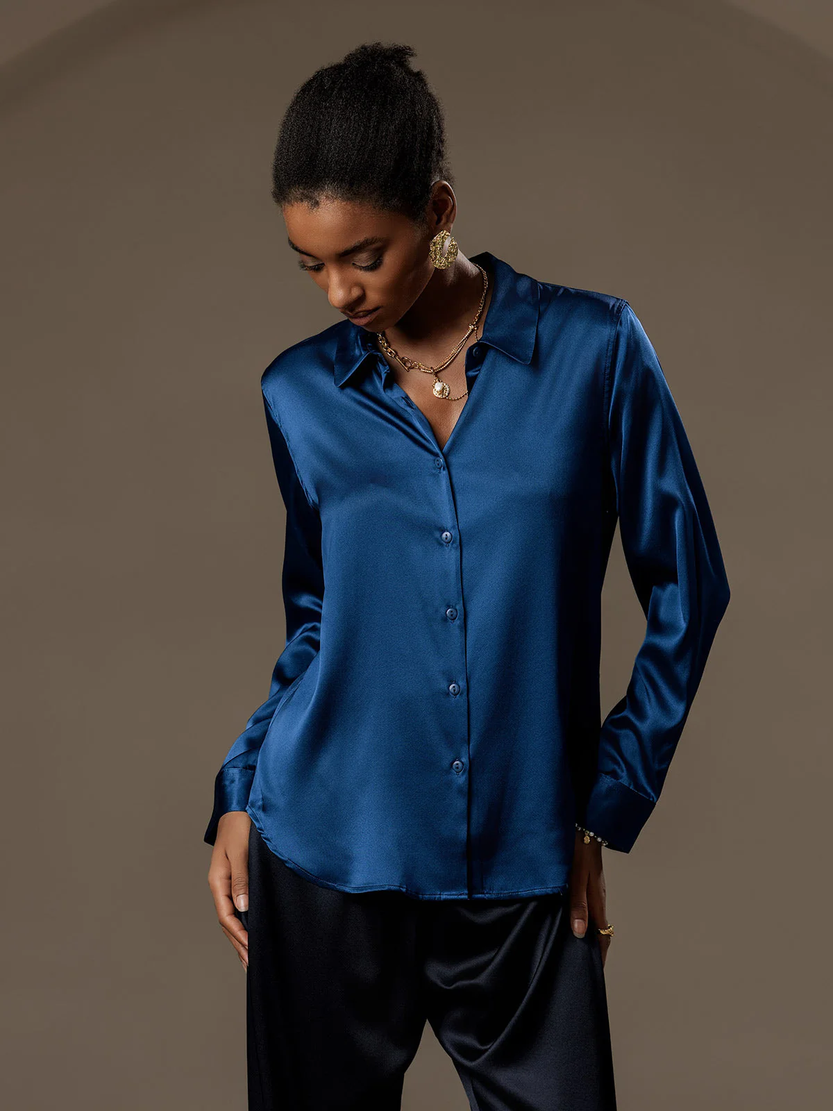 19Momme Silk Long Sleeve Lapel Collar Women's Shirt with Button Up Design - Image 74