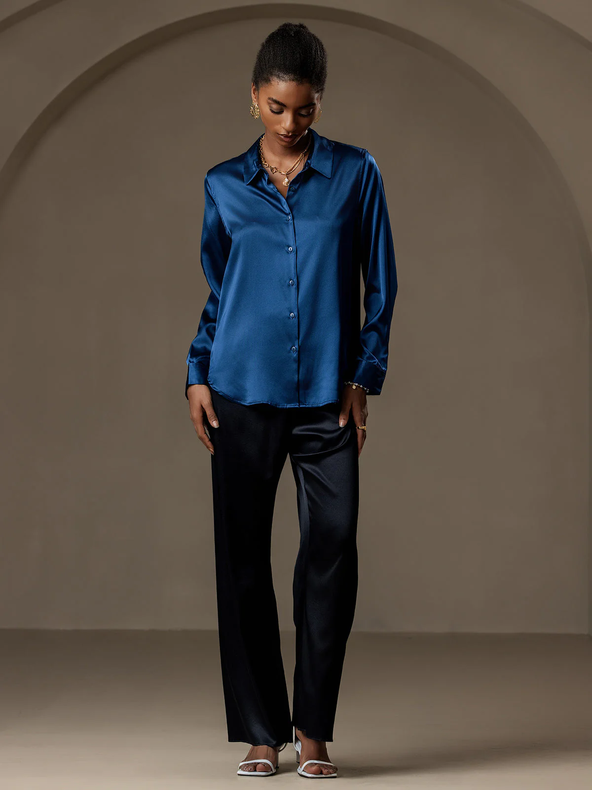 19Momme Silk Long Sleeve Lapel Collar Women's Shirt with Button Up Design - Image 75