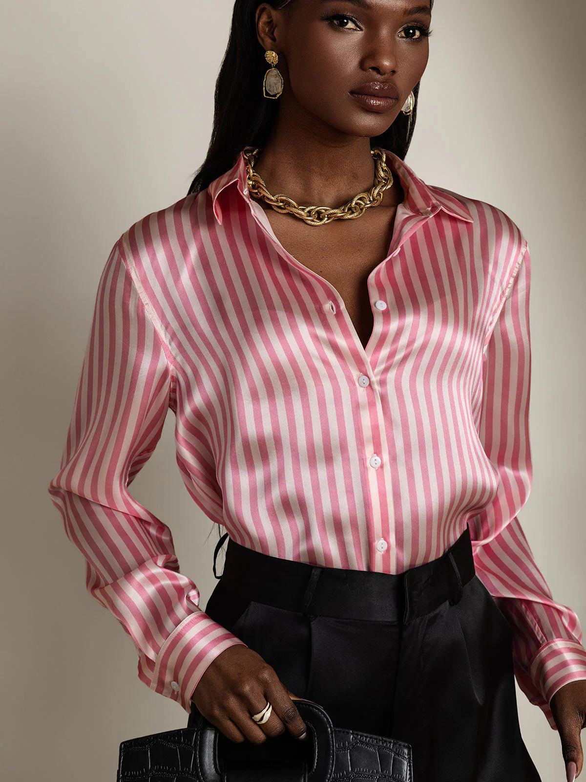19Momme Silk Long Sleeve Lapel Collar Women's Shirt with Button Up Design - Image 85