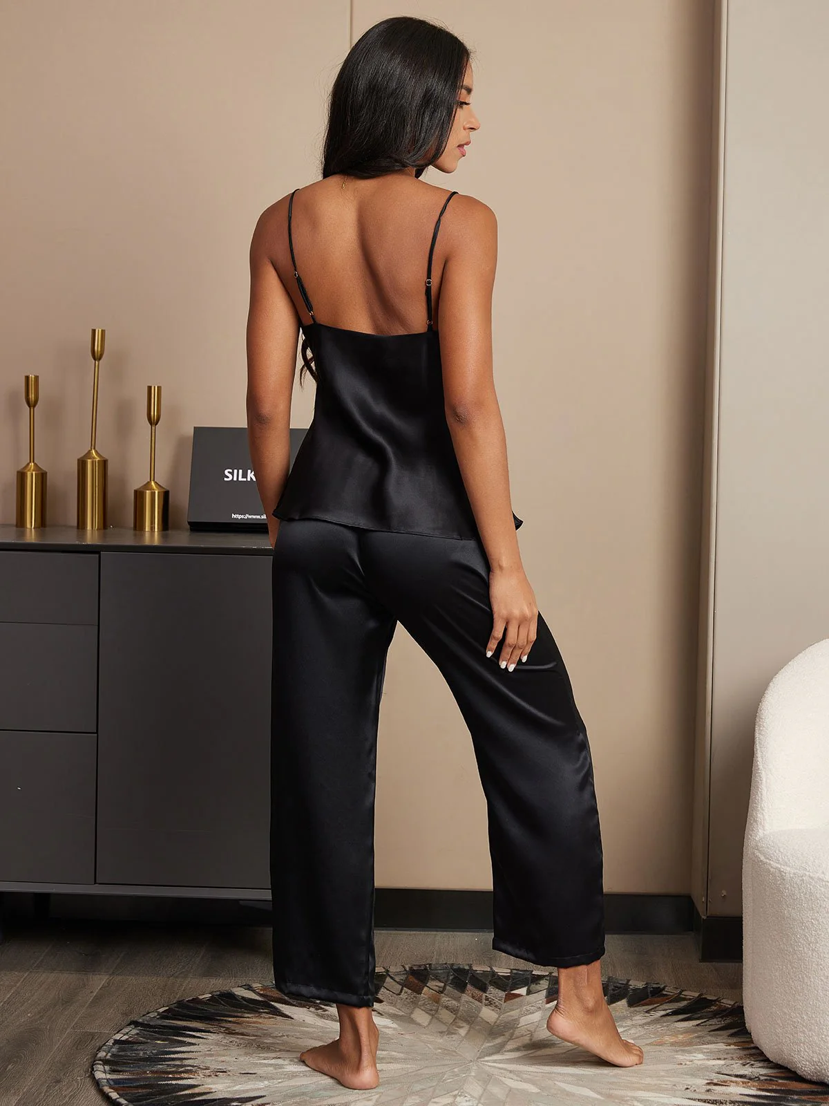 Pure Silk Spaghetti Strap V Neck Cami & Pants Set - Image 8