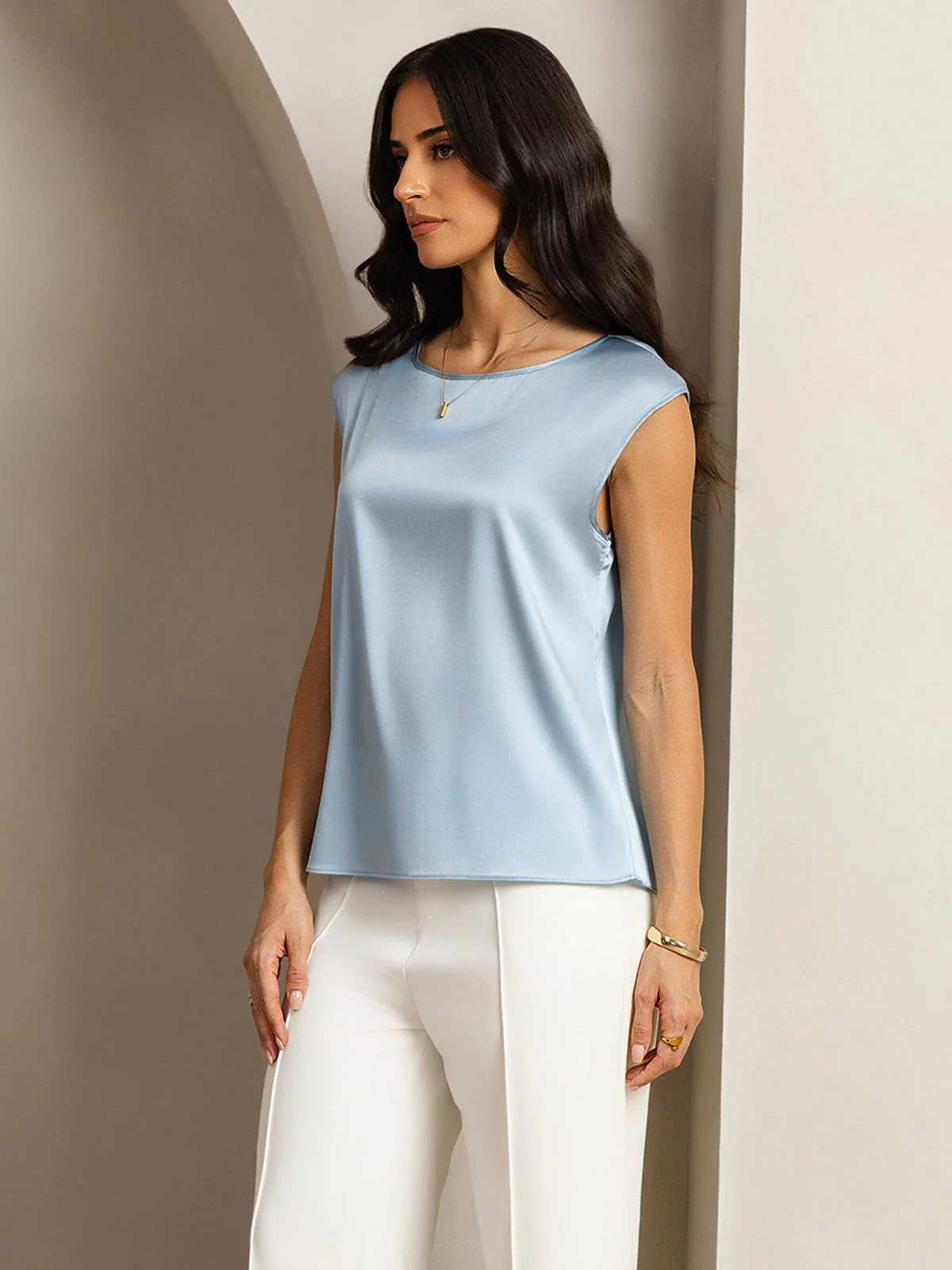 19Momme Women's Silk Cap Sleeve Round Neck Top - Image 13